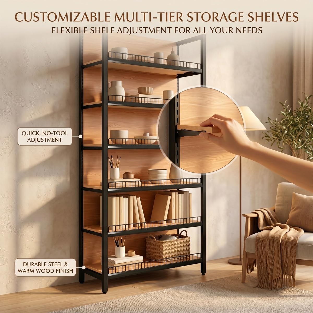 Étagère robuste pour gondole, étagère en acier grain de bois, assemblage sans outils, charge de 50 kg, étagères réglables avec protections de bords pour vente au détail et épicerie