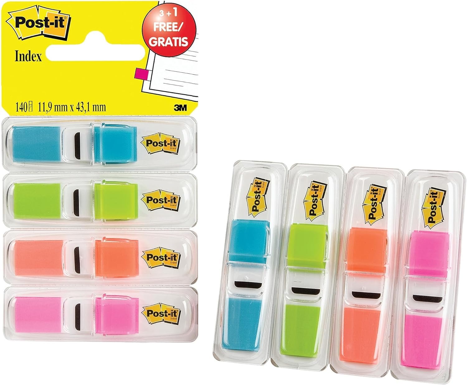 Post-It Marcadores Adhesivos, Pequeño, Colores Translúcidos, Paquete de 3 + 1 Dispensadores, 11.9 mm x 43.1 mm, Marcapáginas Para Señalar, Resaltar o Colorear