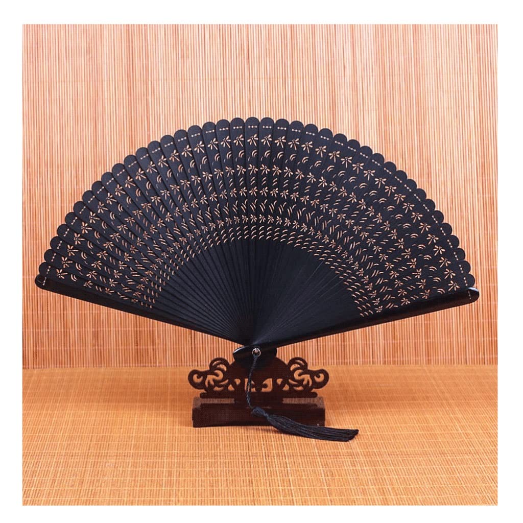 NZPOST folding fans All Bamboo Hand Fan Hollowed Hand Held Folding Fans with Tassel for Wedding Decoration Birthday Home Dragonfly Pattern Hand Fans (Black)