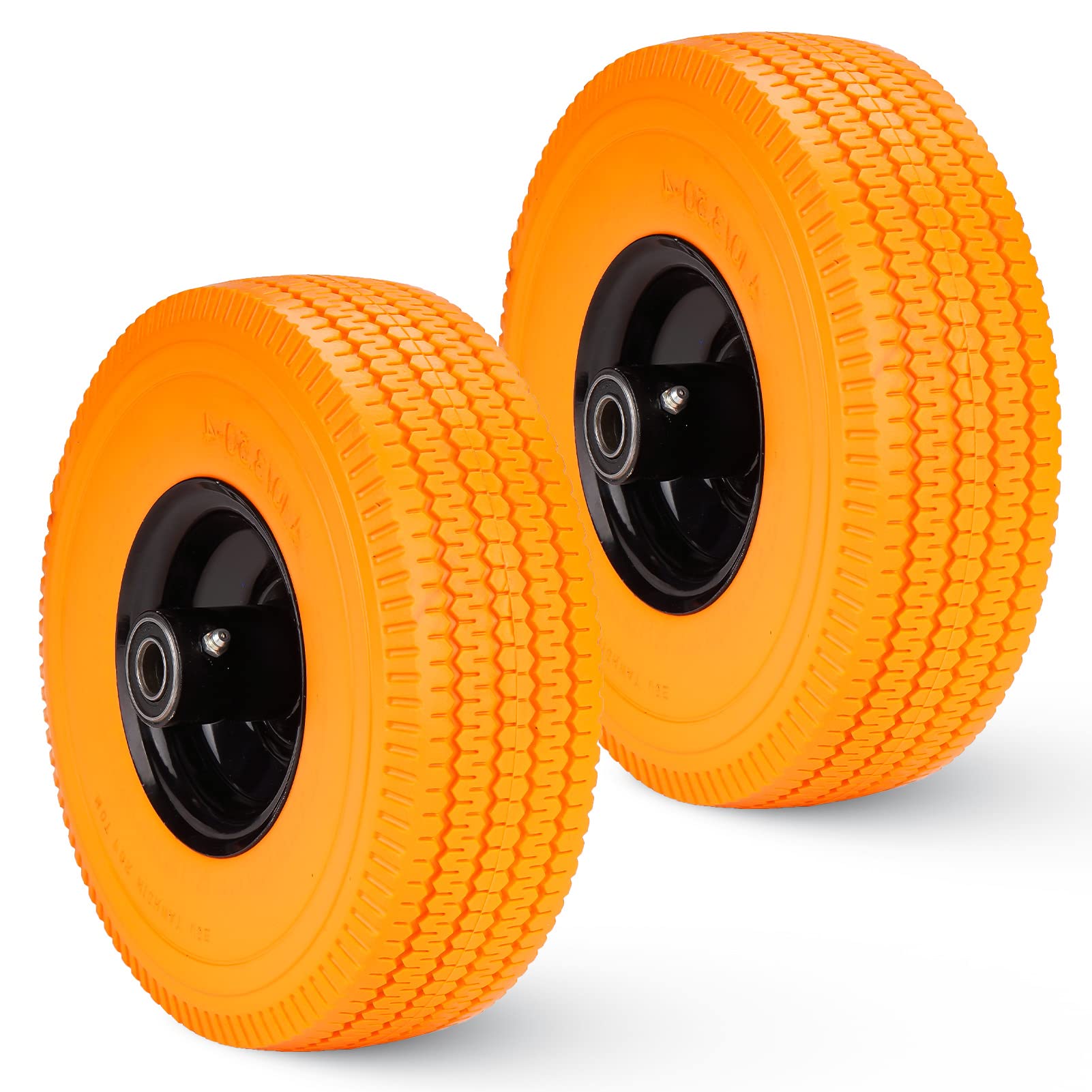 New Flat Free Mower Tire on Wheel 4.10/3.50-4, 2.25" Offset Hub, 5/8" Greased Bushing, Orange Solid Rubber for Lawn Mowers & Tractors Hand Trucks Generators Garden Utility Cart (2 Pack)
