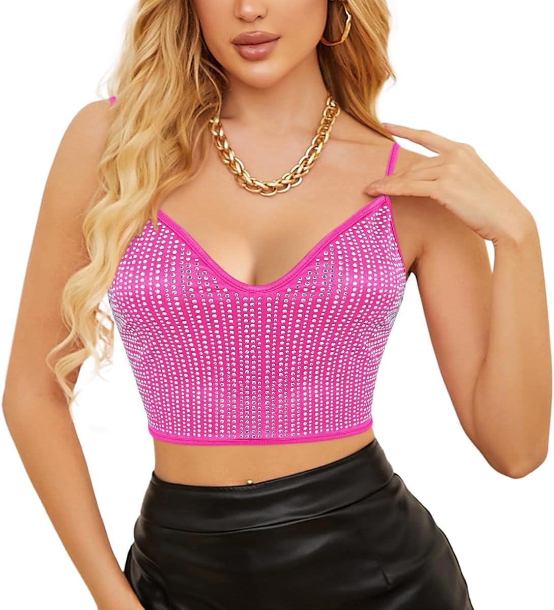 Giovacker Women's Luxury Sparkling Rhinestones Crop Tops Sleeveless V-Neck Backless Rave Cami Tank Clubwear