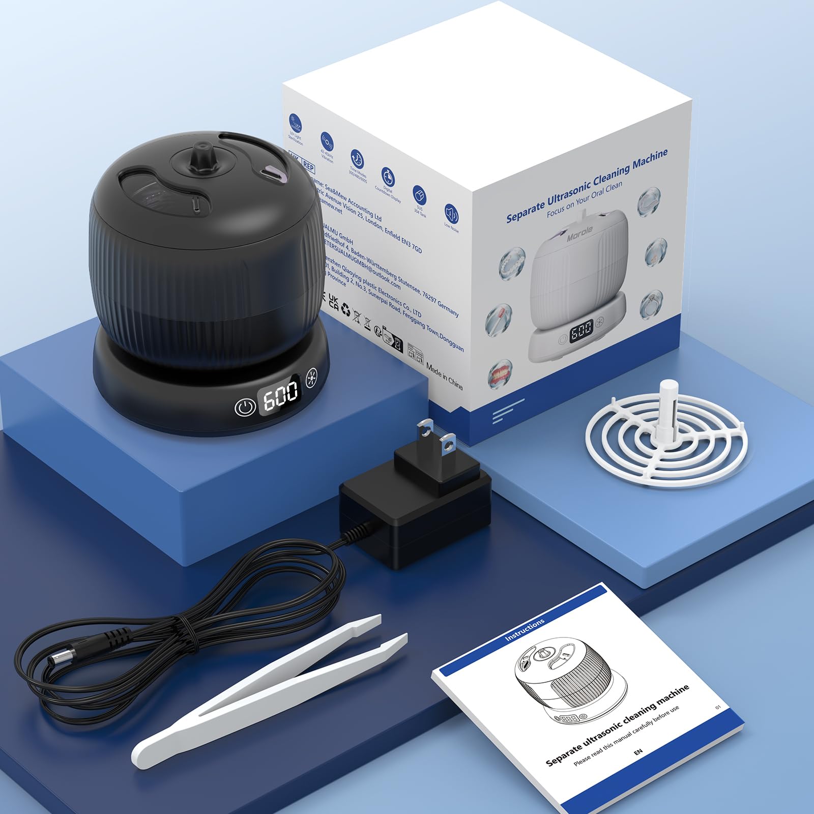 Limpiador Ultrasónico UV de 45 kHz, 25W Ultrasonidos Limpieza de 3 Modos, Profunda 360°, Máquina limpiadora Ultrasónica Portátil de 190ml para, Dentaduras, Alineador, Joyas (negro)