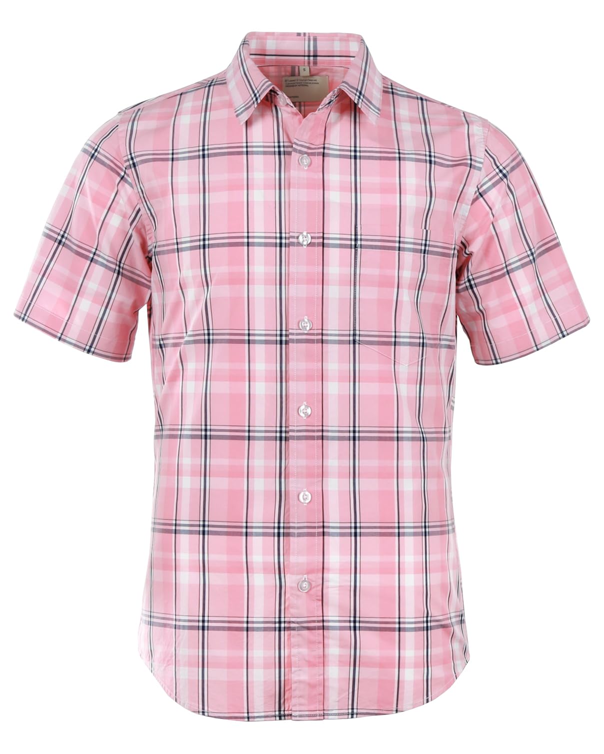 SOOPO Mens Casual Regular Fit Short Sleeve Plaid Checked Shirts Pink XXL