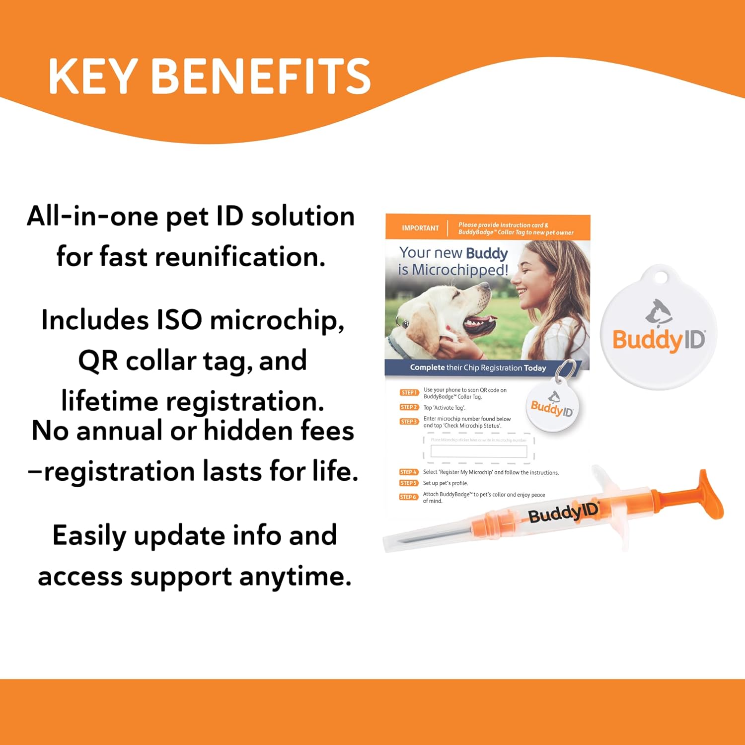BuddyID Complete Protection System, ISO Pet Mini Microchip with Pre-Paid Lifetime Registration and BuddyBadge® QR Collar Tag, SearchALERTS & SafePlaces Access, for Dogs, Cats and Animals 1ct
