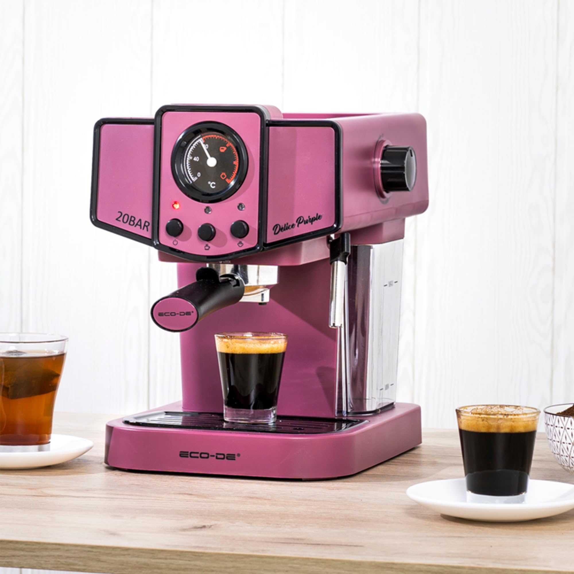 ECO-DE Macchina Caffè Cialde ESE 44 Espresso e Caffe Macinato in Polvere con Montalatte per Cappuccino, Tè o Infusioni – Coffee Machine 20 bar e Vaporizzatore in Acciaio – Disegno Stile Vintage