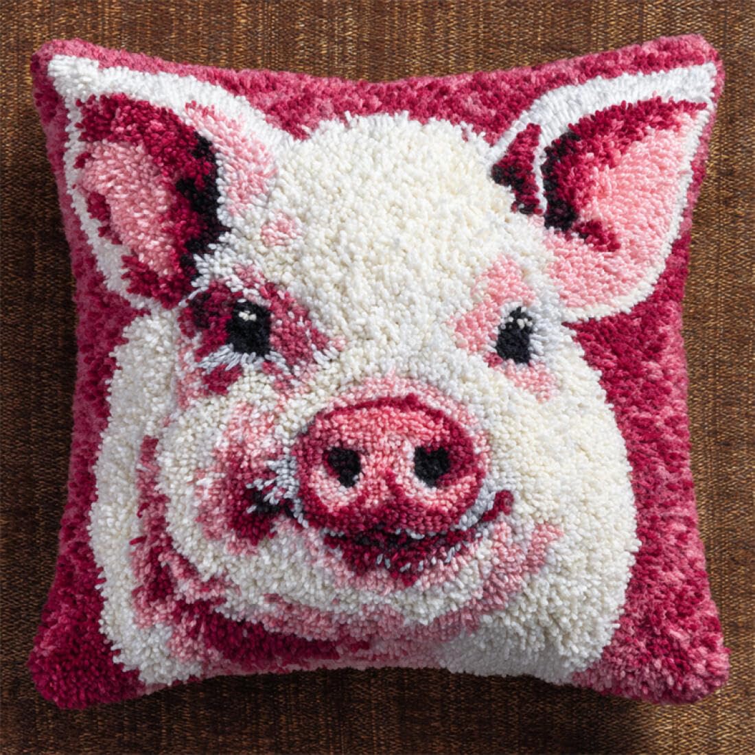 Kitquiver Animal DIY Latch Hook Kit Cartoon Pig DIY Latch Hook Kits Pillow Printed Cushion Crochet Yarn 3D Embroidery Set Pillowcase Rug Home Decor 17x17In