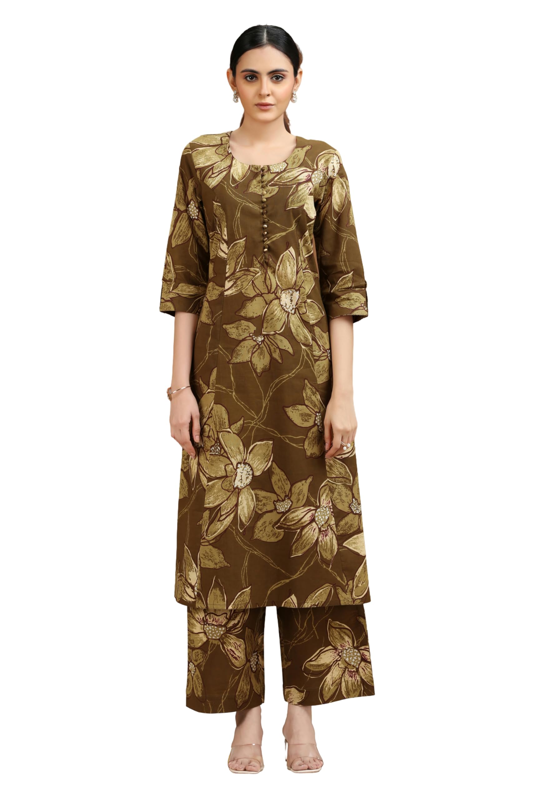 Olive Green Floral Printed Cotton A Line Co-ord Set-image-33
