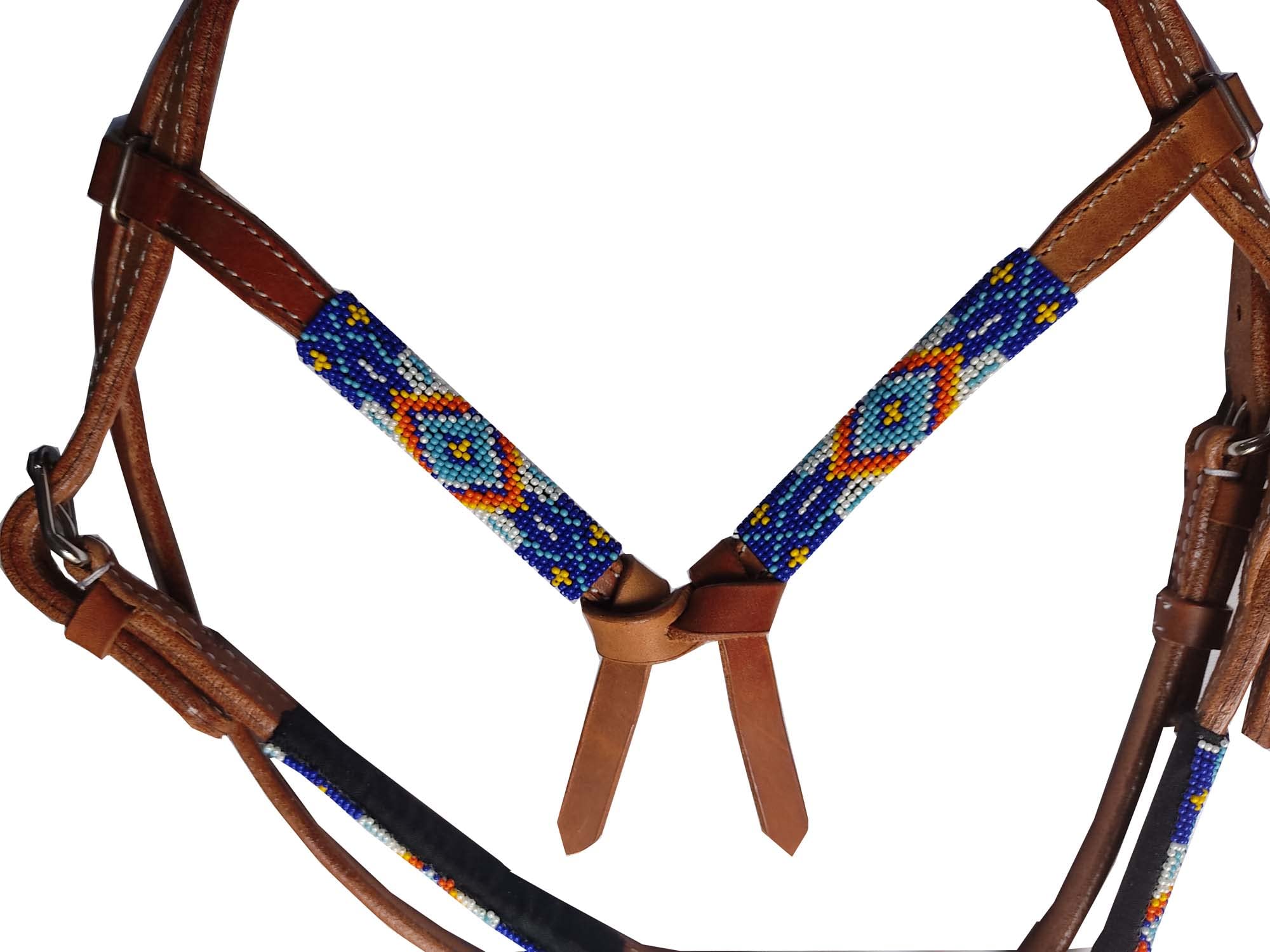 Leatherera Leather Beaded Headstall For Horse Full Con Pony, Beaded Headtsall For Horse, Stainless Steel Fittings