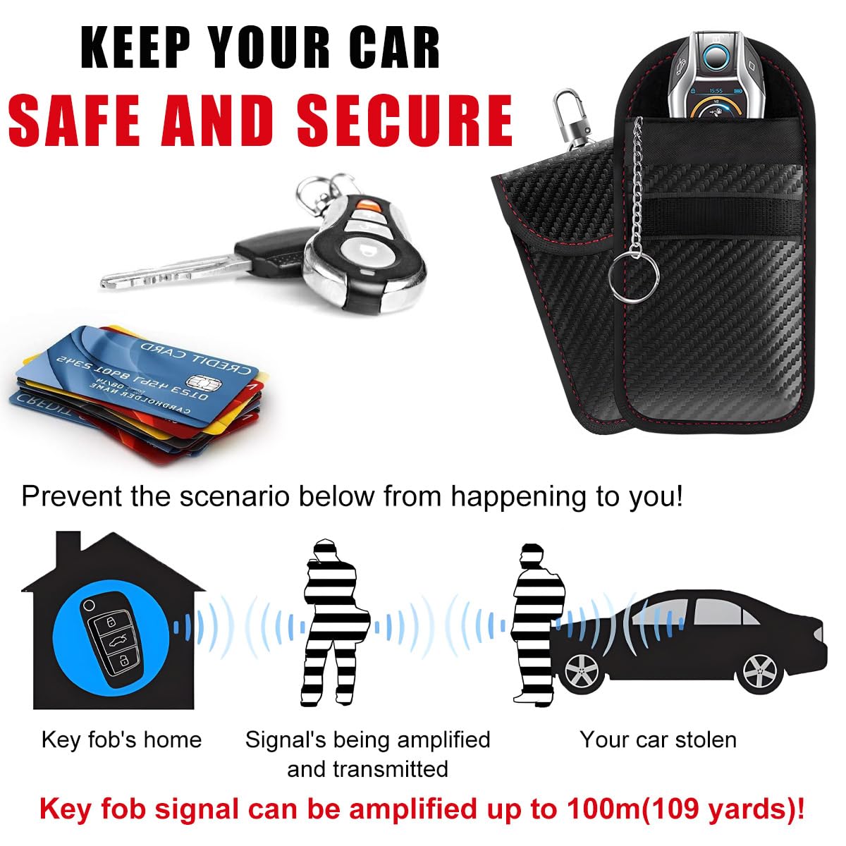 Faraday Pouch for Car Key, RFID Signal Blocking Anti-Theft Key Faraday Bag, Carbon Fiber Car RFID Signal Blocking Holder, Car Accessories (2 PCS, Small)