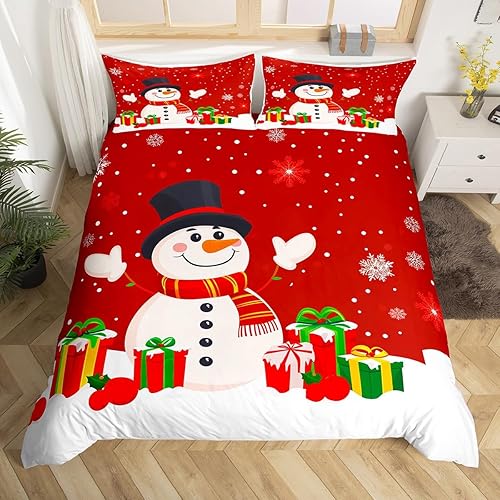 Manfei Juego de funda de edredón de Navidad con diseño de muñeco de nieve para niños, tamaño individual, juego de ropa de cama de invierno con copos