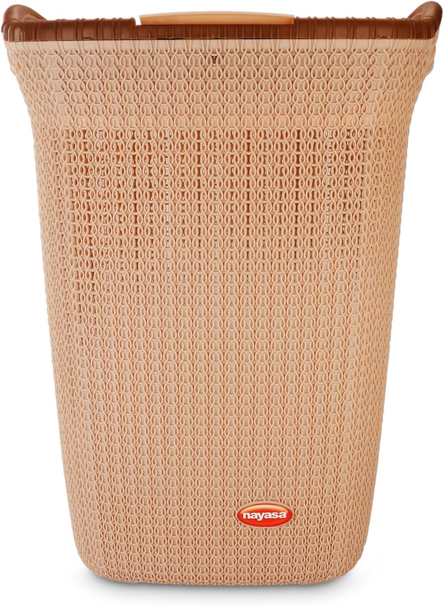 Nayasa Rope 43.5 Liters Plastic Laundry Basket for Clothes with Lid | Laundry Bag for Clothes | Laundry Basket Plastic | Clothes Basket | Multipurpose Basket for Storage | Light Brown