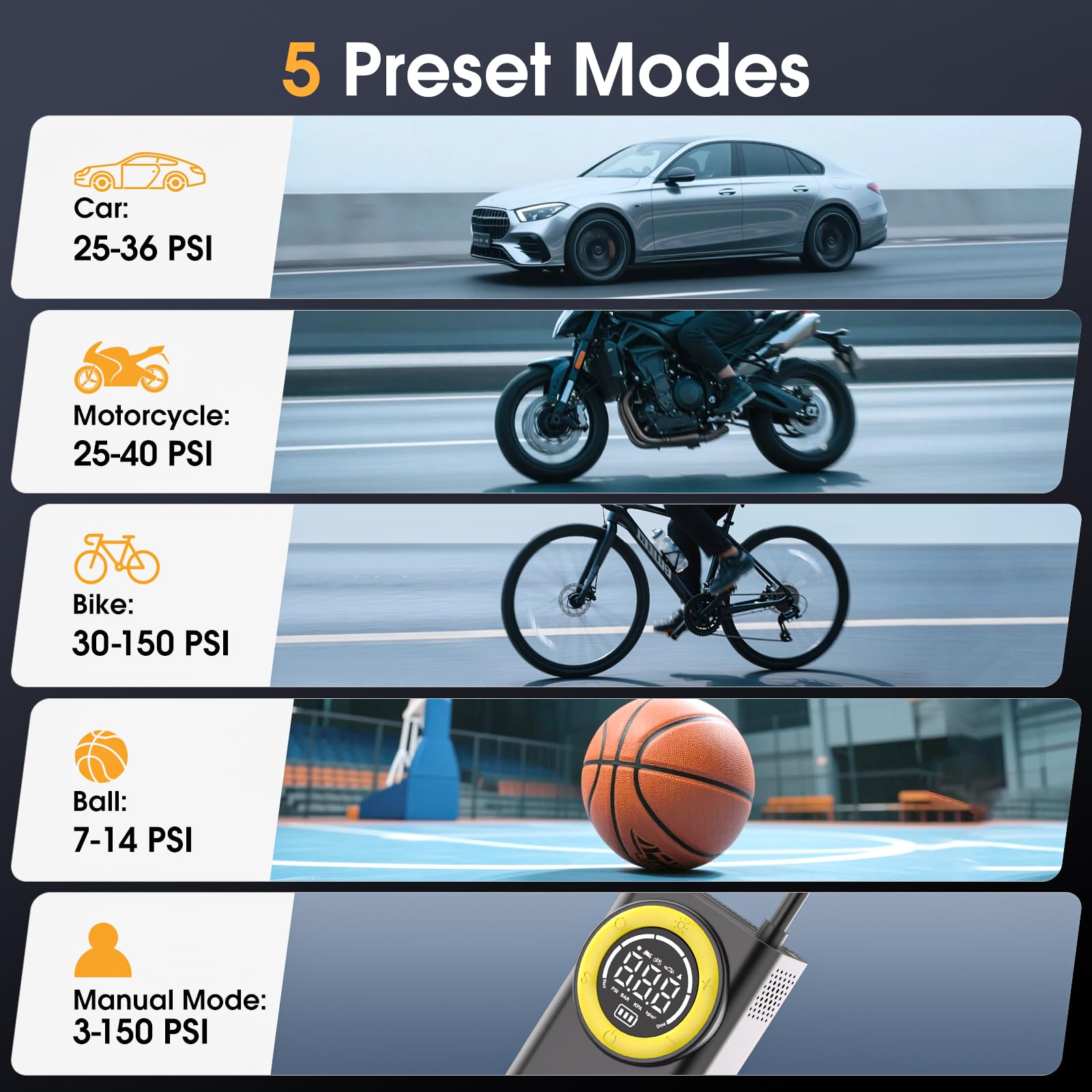 FLYKID Sprężarka powietrza do opon - pompa do opon samochodowych 150 PSI z 3 adapterami dysz i światłem awaryjnym LED do samochodów, rowerów i sprzętu sportowego, wstępnie ustawione ciśnienie w