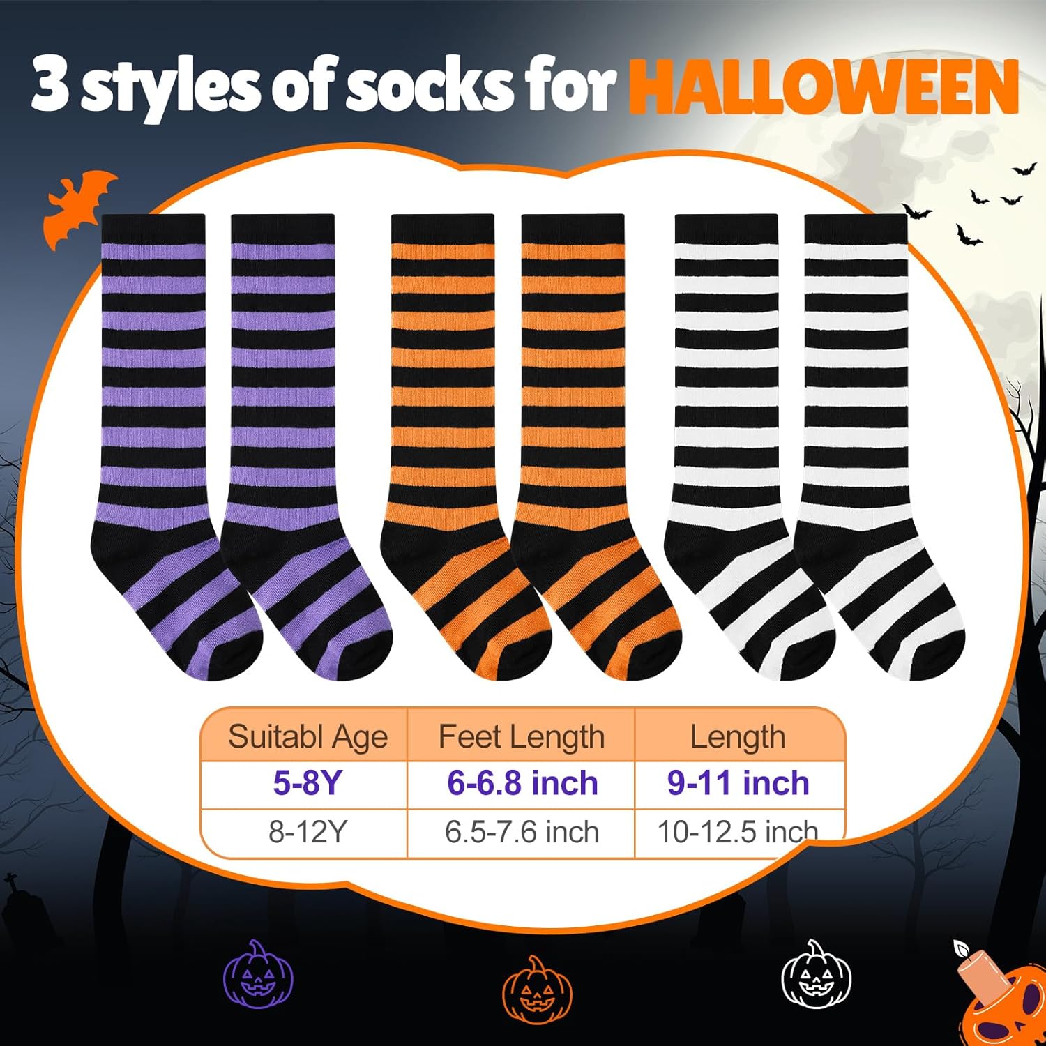 Hercicy 3 Pairs Halloween Striped Socks for Kids Cotton Spooky Striped Knee High Uniform Socks for Boys Girls 6-12 Years - Image 4