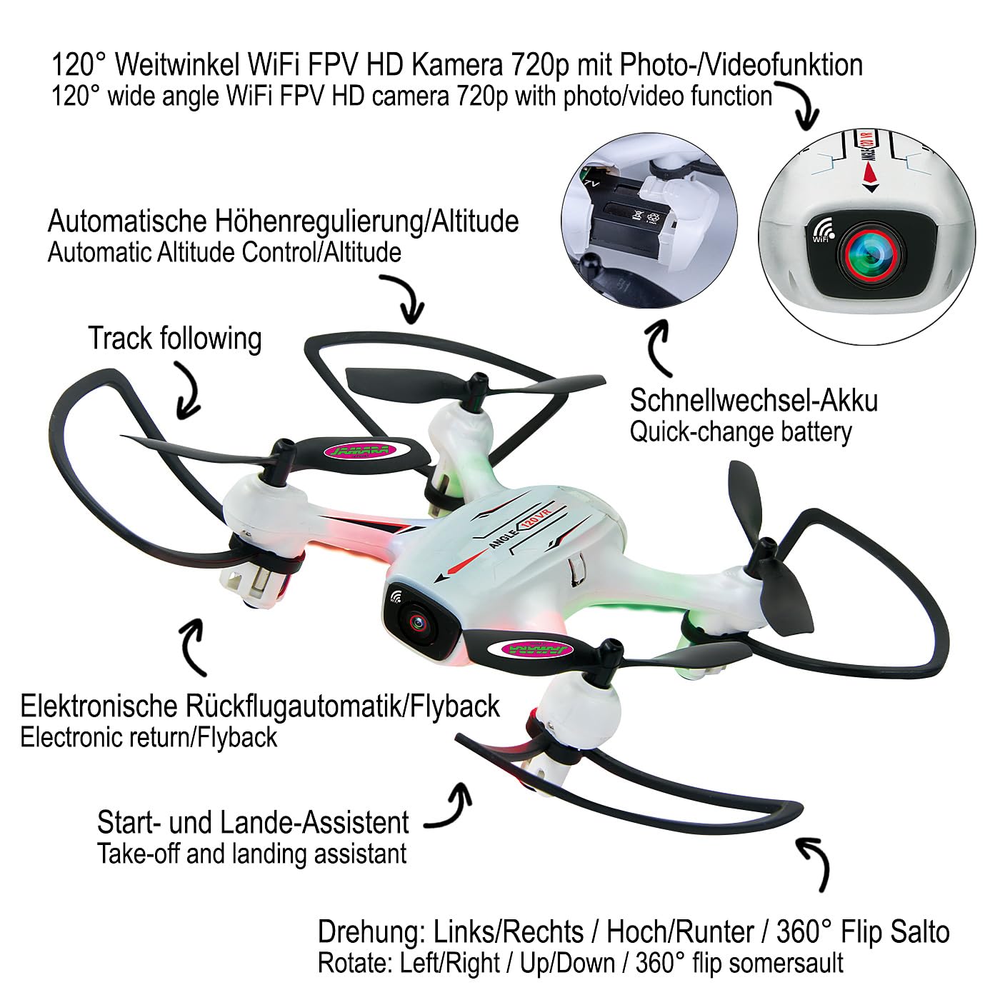 JAMARA 422029 - Angle 120 Altitude HD Wifi VR, inkl. VR-Brille, Altitude Hold Adjustment, Kompass/Flyback, Track following - Flugbahn-Planung-Modus,120 Degree Weitwinkel-Kamera,Unterspannungswarnung