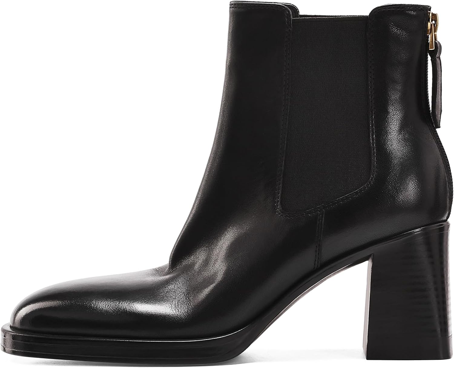 Genuine Leather Ankle Boots for Women Round Toe Elastic Fall Booties Block Chunky Heels Slip-on Short Boots with Zipper