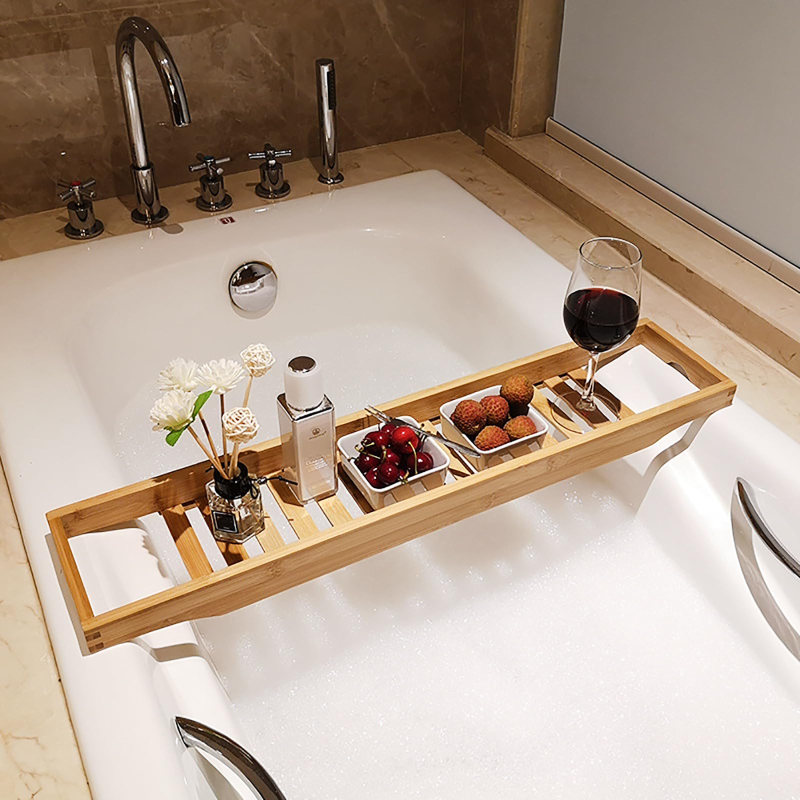 Bandeja de madera para bañera, de nogal, bandeja de mesa grande, soporte de listones largos, estante versátil, accesorios, regalo de spa para mujer