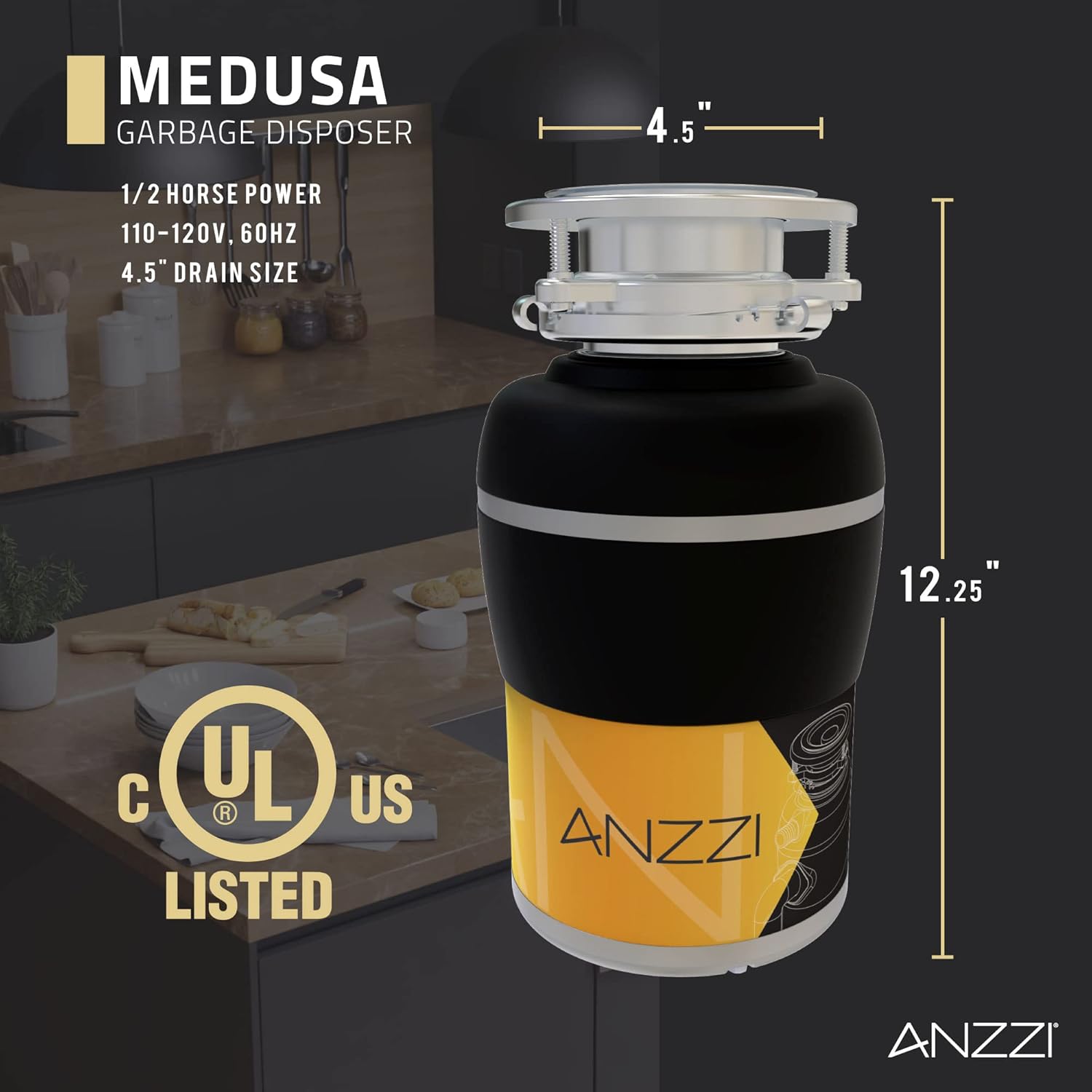 ANZZI MEDUSA 1/2 HP Continuous Feed Compact Undersink Garbage Disposal with Pre-installed Power Cord in Black Finish | GD-AZ212