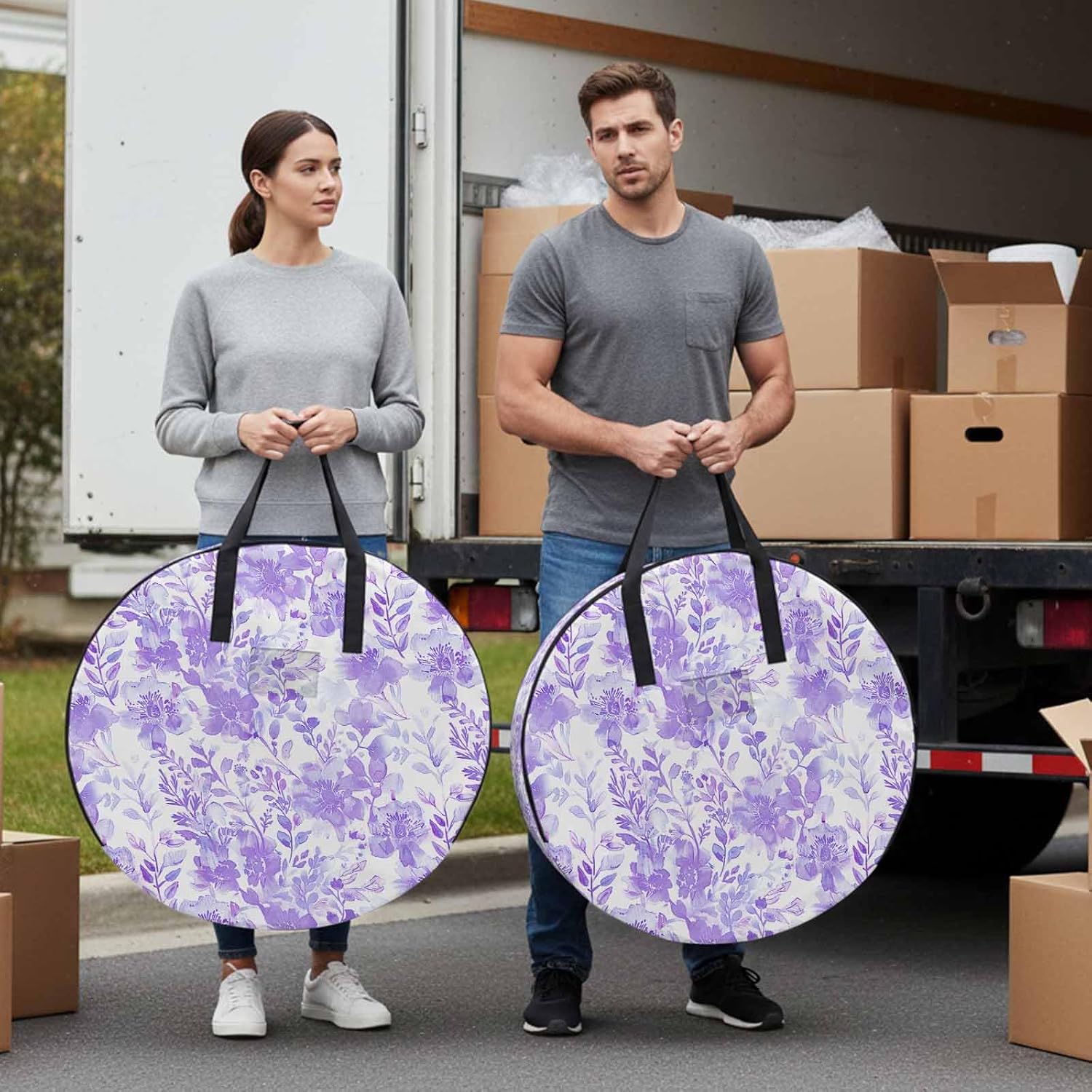 Storage Bag Watercolor Flower Round Storage Totes Bins Closet Organizers with Zippers & Handle Purple Floral Plant Clothes Storage Container for Bedroom Dorm Space Saving Packing Supplies Moving Bags