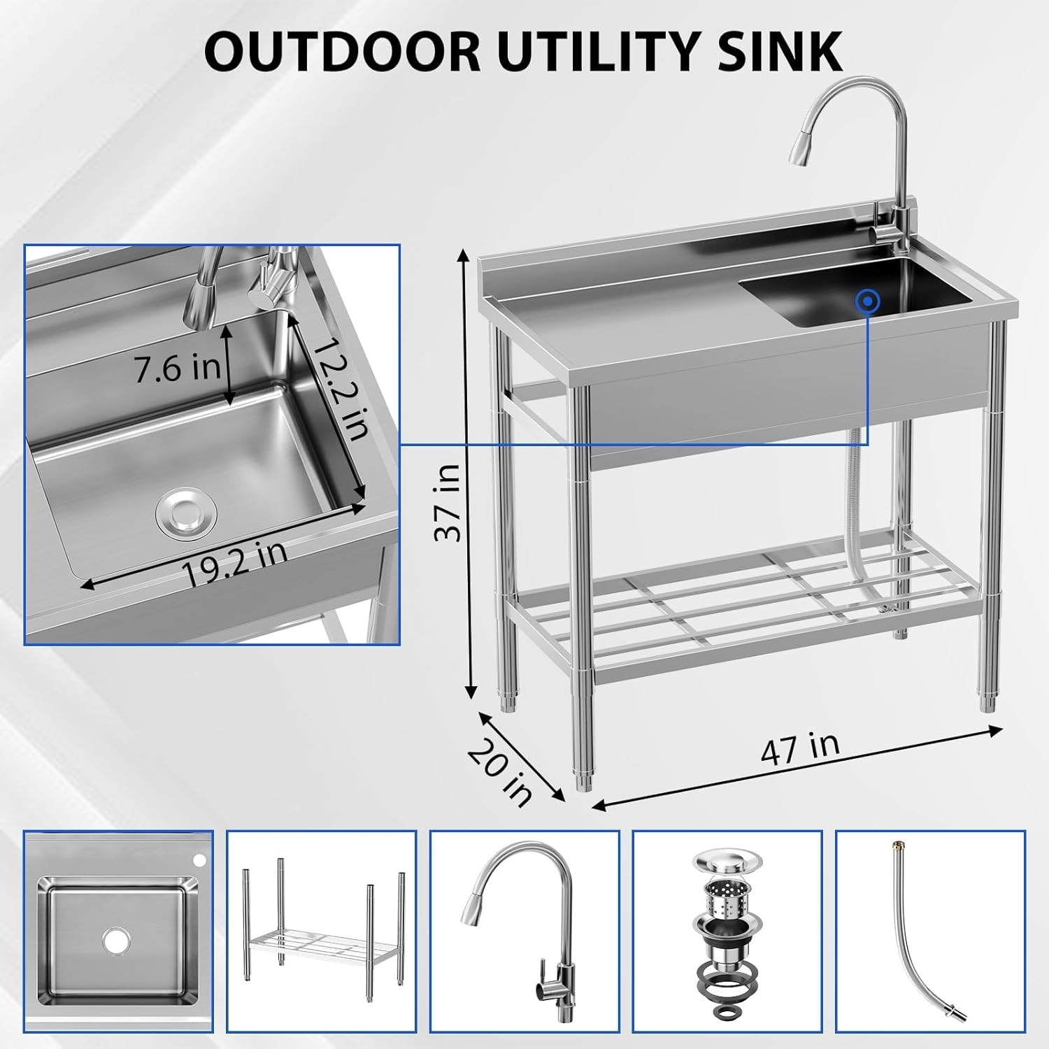 stainless steel sink,free standing sink With Pull-Out Faucet,Adjustable Support Feet,Certified by NSF,single bowl kitchen sinks With Hot & Cold Hoses 47 * 20 * 37inch, slivery