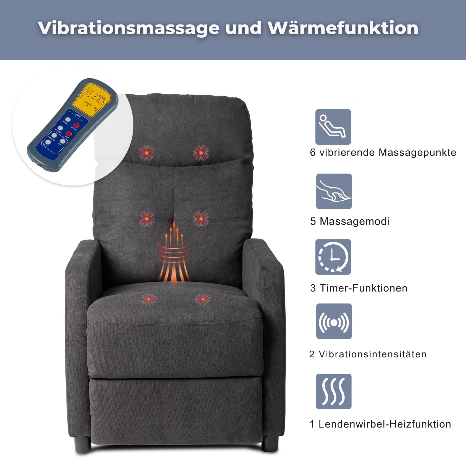 LEADZM Relaxsessel Fernsehsessel mit Manuell Liegefunktion, Verstellbarer Rückenlehne und Massage Wärmefunktion