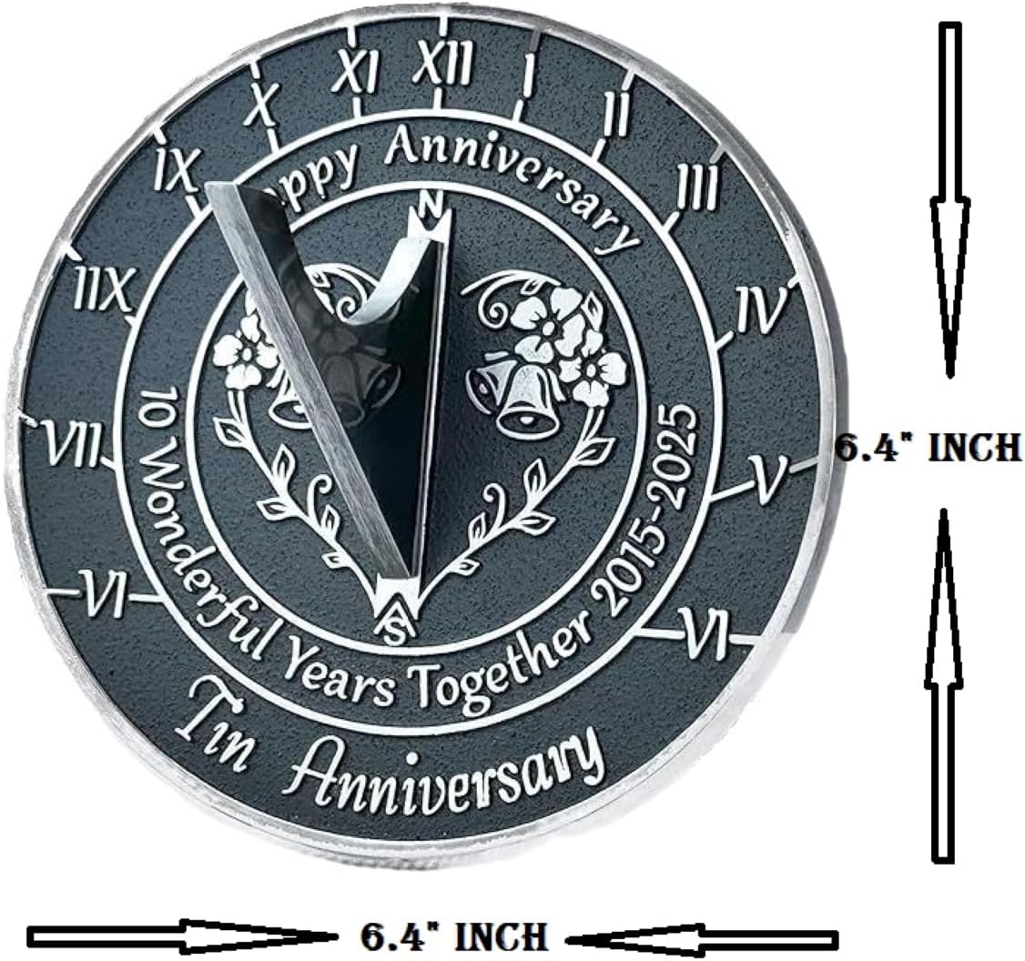 10th Tin Wedding Anniversary Sundial 2015-2025 Metal Home Decor with Pedestal Stand | Garden Present Idea Tin Anniversary Sundial Gifts for Couples Him Her Parents Handmade 10 Year Celebration Sundial