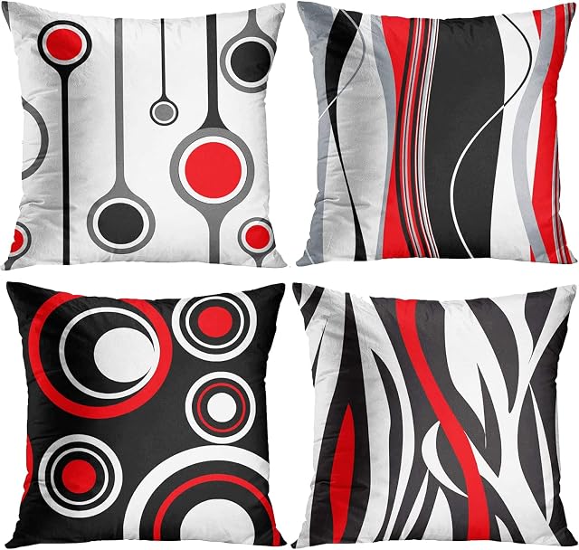 ZHILING Set of 4 Cushion Covers Decorative Cushion Covers Modern Abstract Red Black White and Grey Wave Vertical Stripes Dot Polyester Square Cushion Covers for Sofa Bed, 40 x 40 cm (16 x 16 zoll)