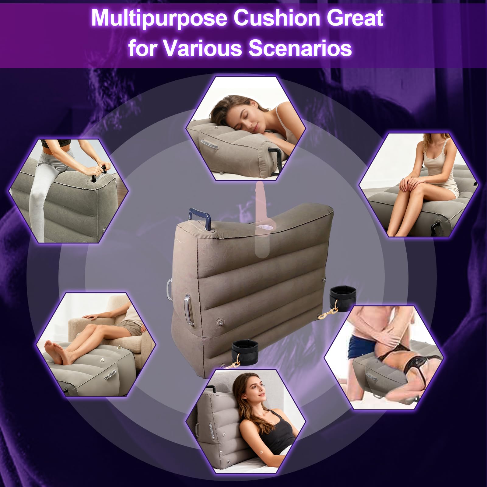 Coussin Gonflable Sexuel avec Support pour Godemiché, Coussin de Position Sexuelle avec Kit BDSM | Multifonctionnel | Menottes*4 & élastiques*2, Accessoire Portable pour l'Intérieur &l'Extérieur