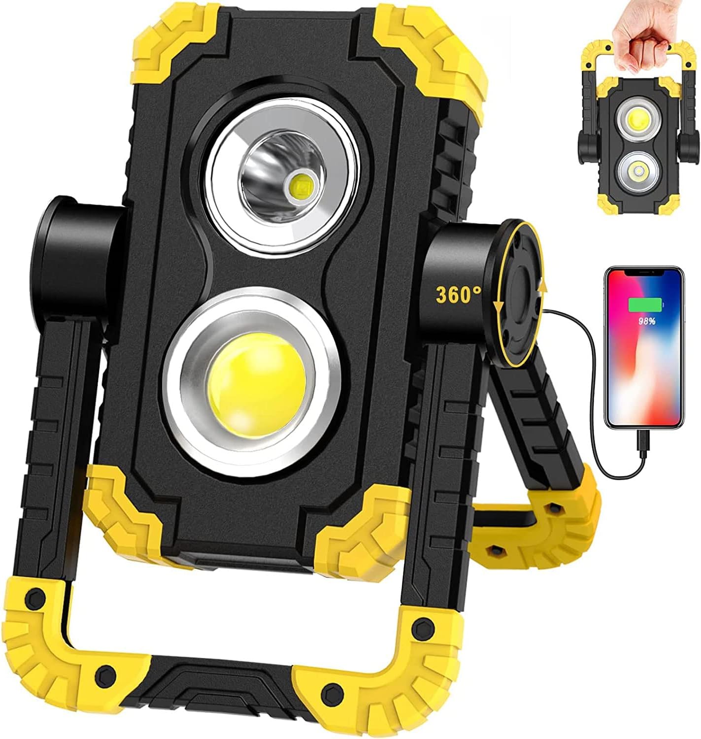 LED Work Light, Job Site Lighting 3000LM 30W USB Rechargeable Work Light, Portable Magnetic Flood Light, 360° Rotation Waterproof Spotlight, Car Repairing Camping Fishing Hiking Emergency Flashlight