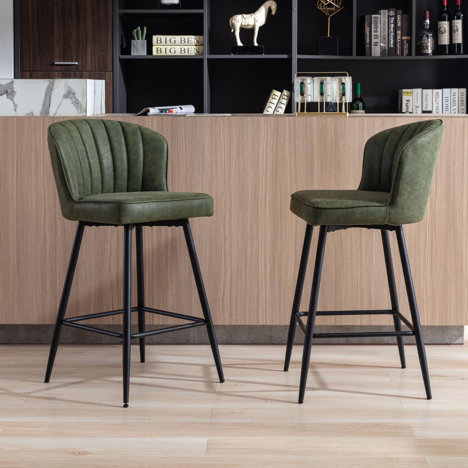 chairus Bar Stools PU Leather Set of 2 High Bar Chairs with Black Legs, Modern Breakfast Stools with Soft Cushion for Home/Kitchen Island, Green