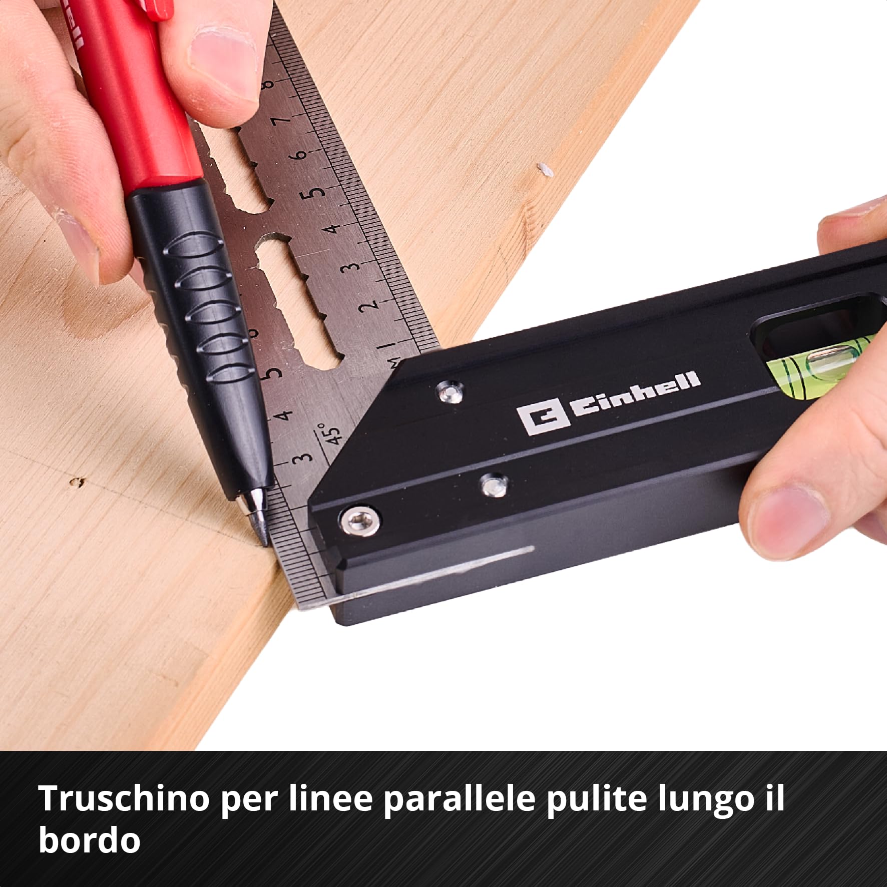 Einhell 2 pezzi set di squadre di battuta, 200/400 mm | Angoli 90° / 45° | scale mm / pollici | fiala | truschino | aperture tracciatura | profilo alluminio | matita meccanica