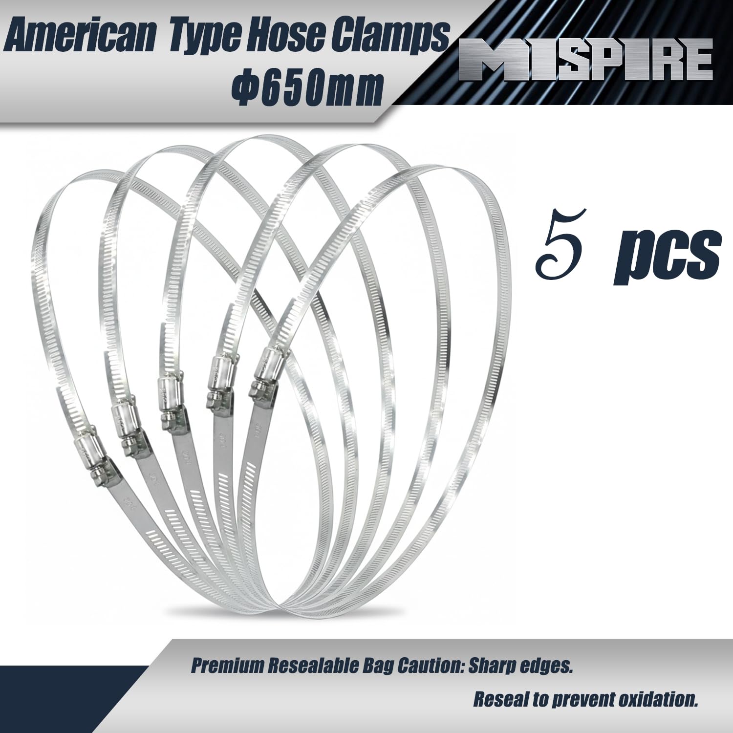 5 fascette stringitubo grandi da 650 mm (da 25-9/16" a 25-9/16"), fascette stringitubo regolabili perforate a vite senza fine, in acciaio inox resistente, per idraulica, tubo da giardino