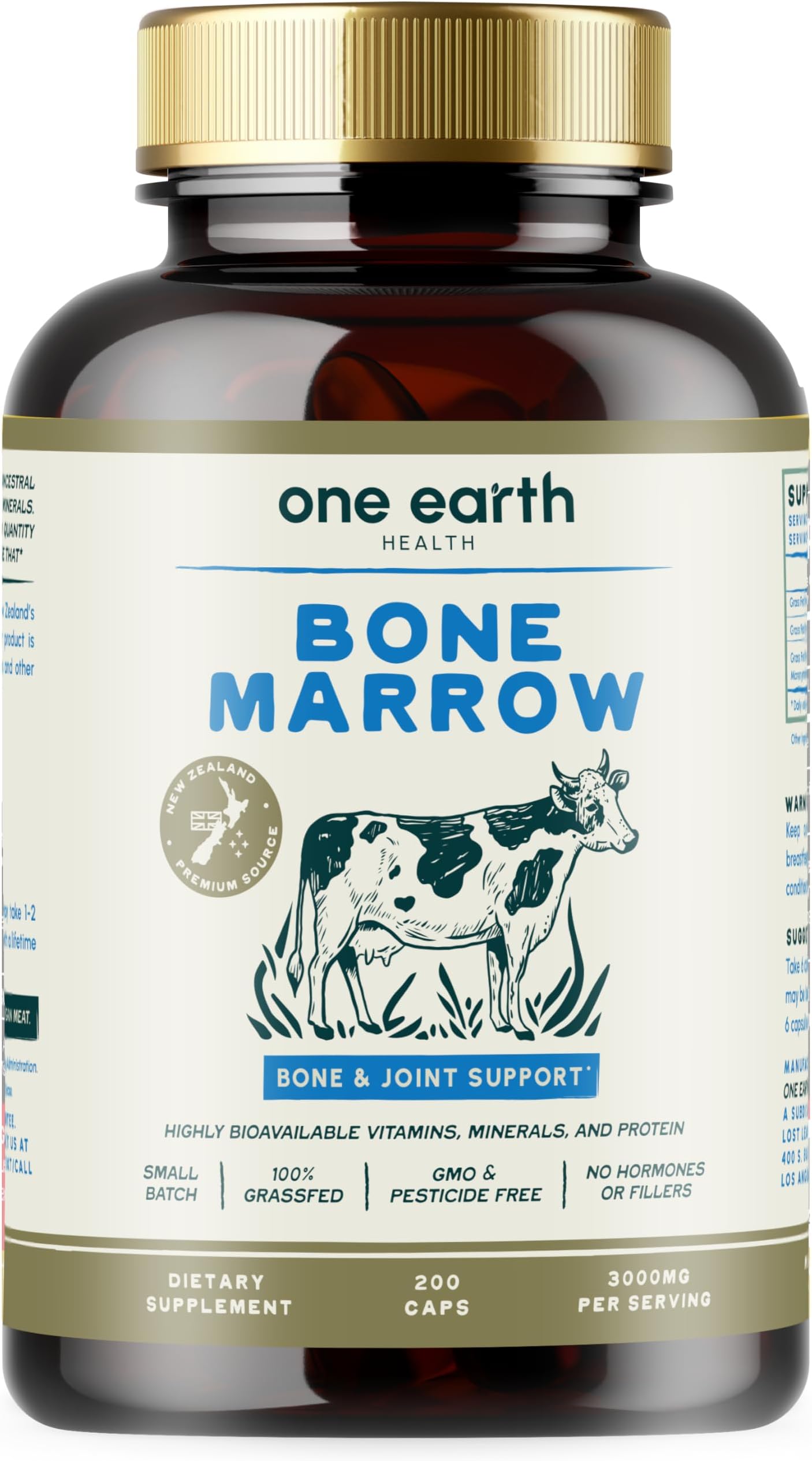 One Earth Health Grass Fed Beef Bone Marrow Supplement – (200 Count) Bone, Cartilage and Marrow. New Zealand Sourced.