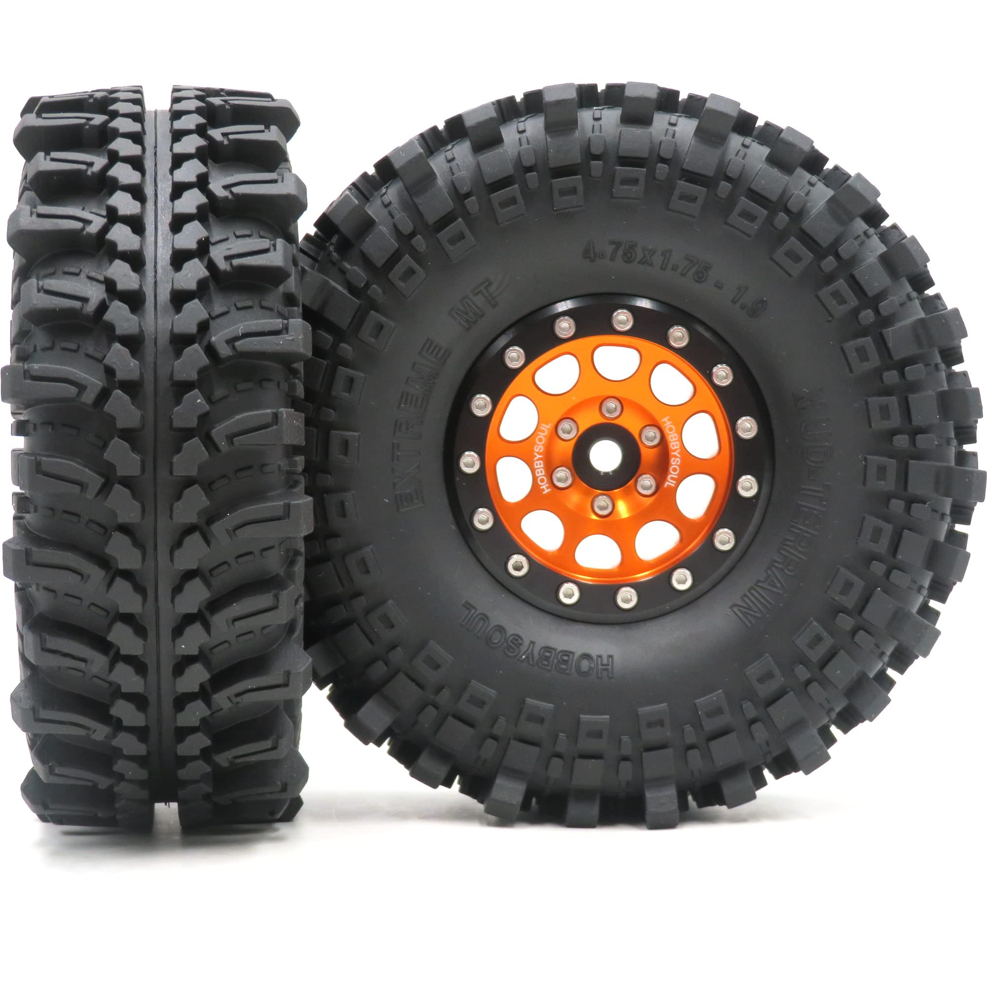 HOBBYSOUL 4 Stück RC 1,9 Schlamm Geländereifen Super Grip Soft Crawler LKW Reifen 121mm/4,75 Zoll & Aluminium 1,9 Beadlock Radfelge Sechskant 12mm Orange/Schwarz, (vormontiert)