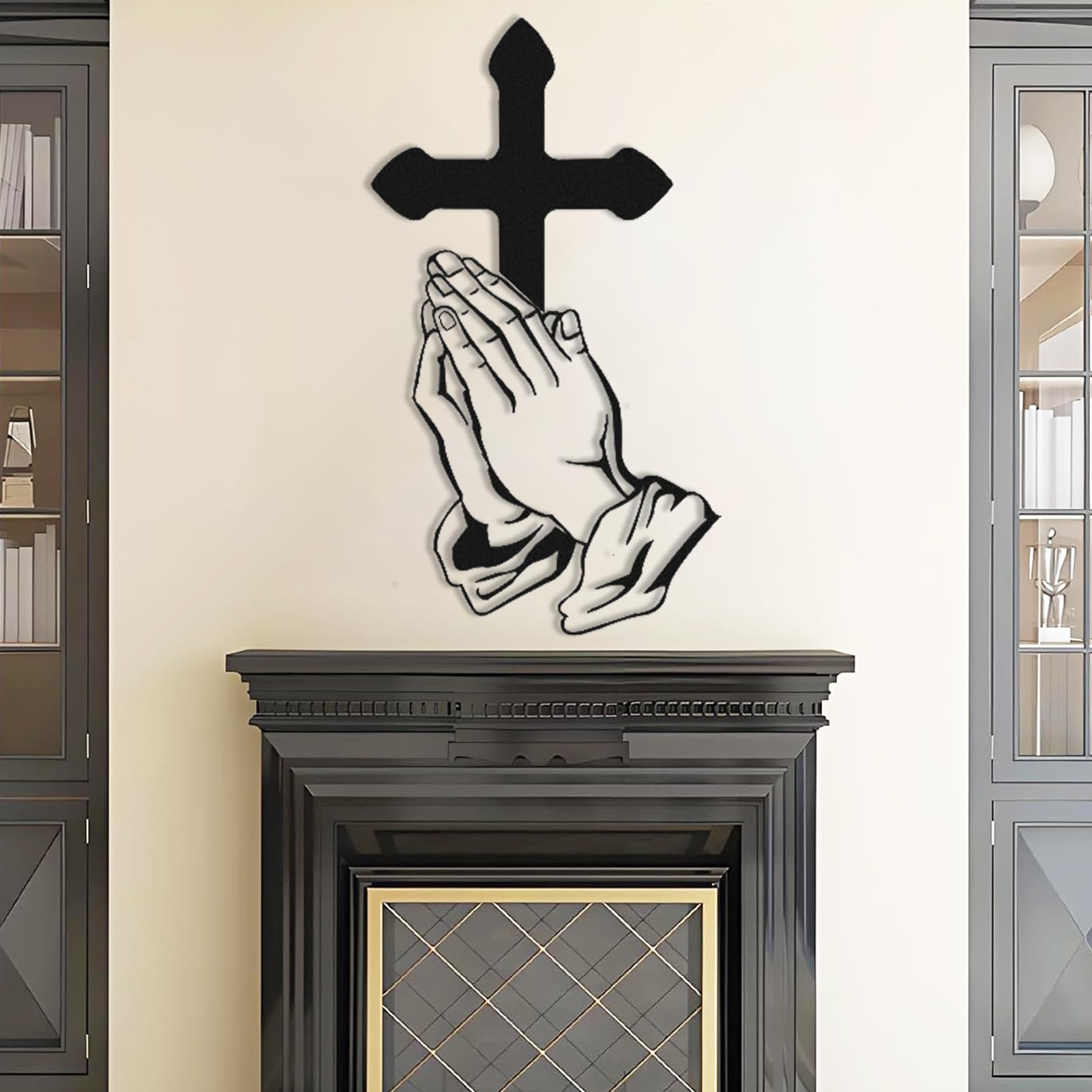 Nowoczesna minimalistyczna metalowa dekoracja ścienna - modlące się ręce, krzyż, Jezus modlący się o salon (150 x 85 cm, złoty)