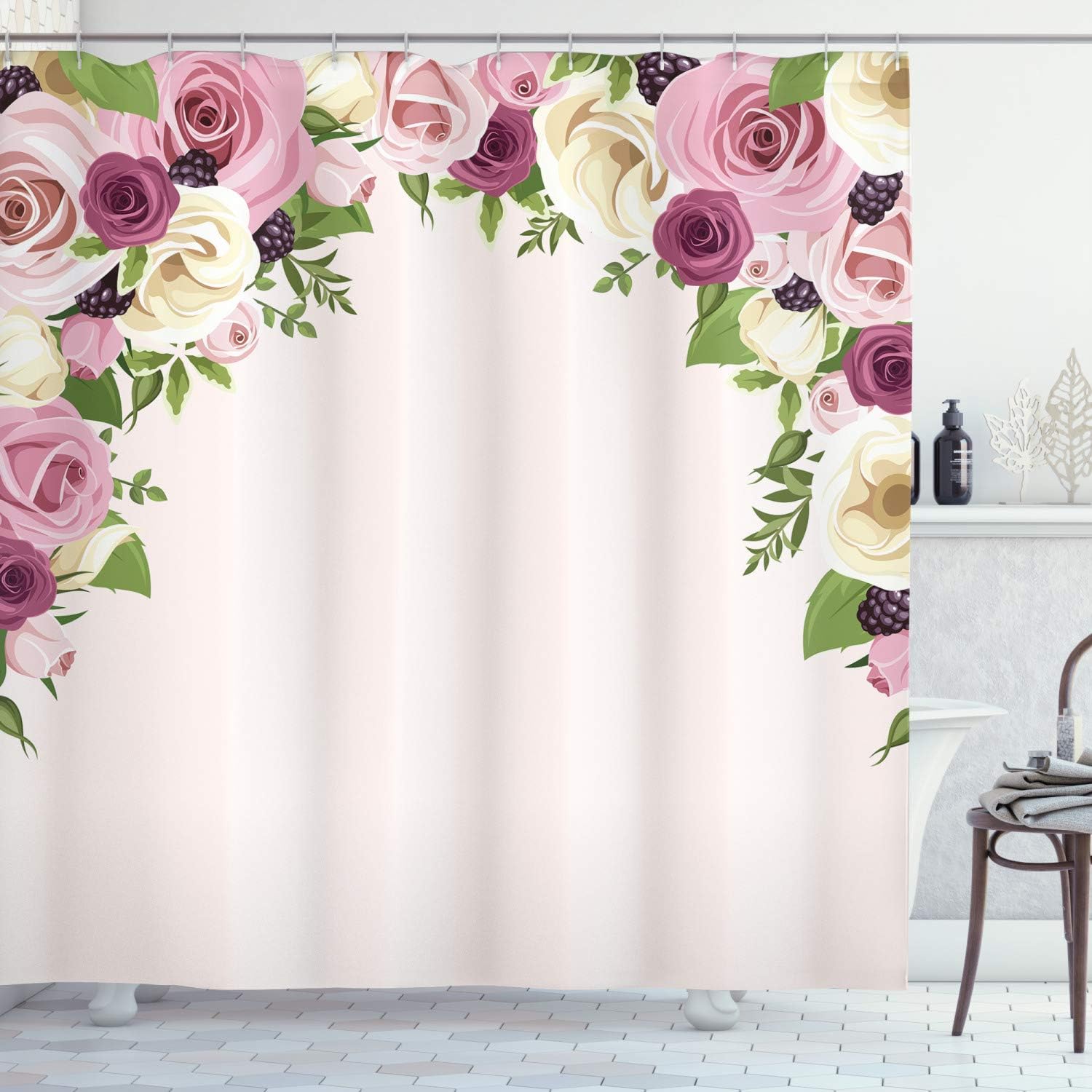 Ambesonne Rose Shower Curtain, Romantic Lisianthus Berries as an Arch Marriage Wedding and Gatherings Design in Soft Pastel Colors, Cloth Fabric Bathroom Set with Hooks, 69" W x 70" L, Purple Cream
