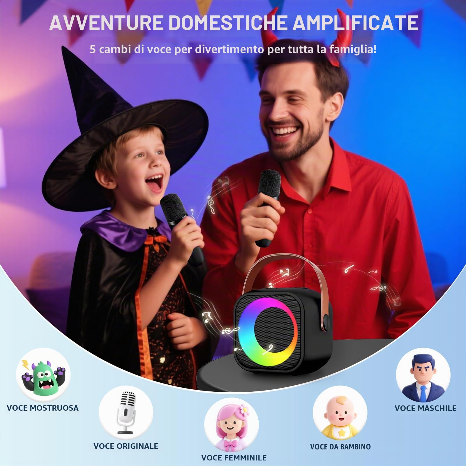 Karaoke Bambini con 2 Microfoni, Microfono Karaoke per Bambini e Adulti con Luce LED, Macchina Karaoke Portatile con Effetti di Cambio Voce, Regali per bambini da 3 a 12 anni