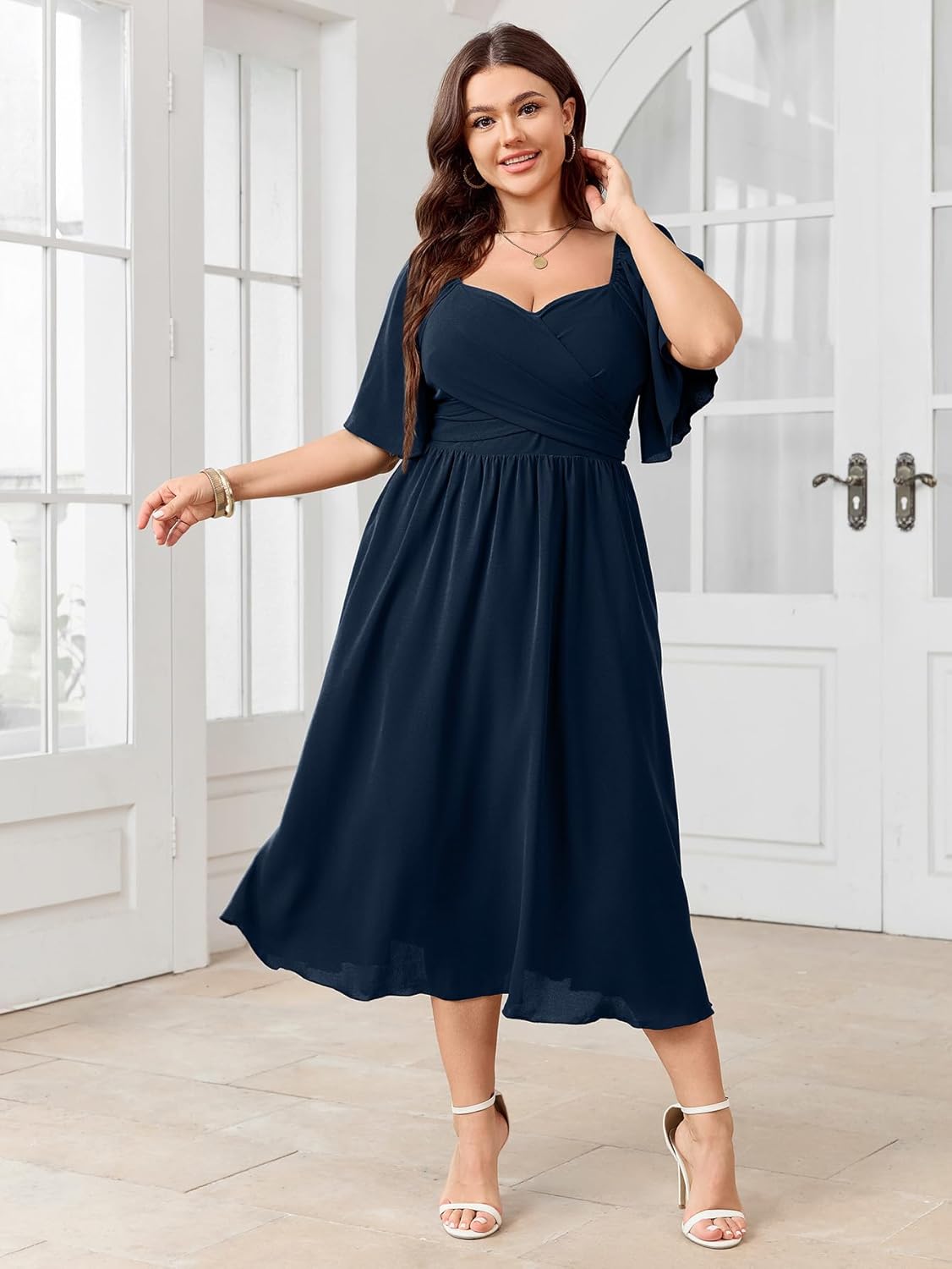 Women's Plus Size Midi Dress Sweetheart Neck Short Sleeve Wedding Guest Cocktail A Line Flowy Dress - Image 3
