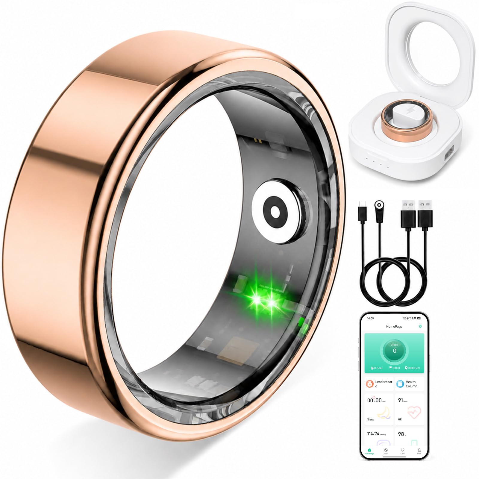 Anillo inteligente para mujeres y hombres, IP68 resistente al agua con monitor de frecuencia cardíaca, oxígeno en sangre y sueño, anillo de seguimiento de salud compatible con iOS y Android