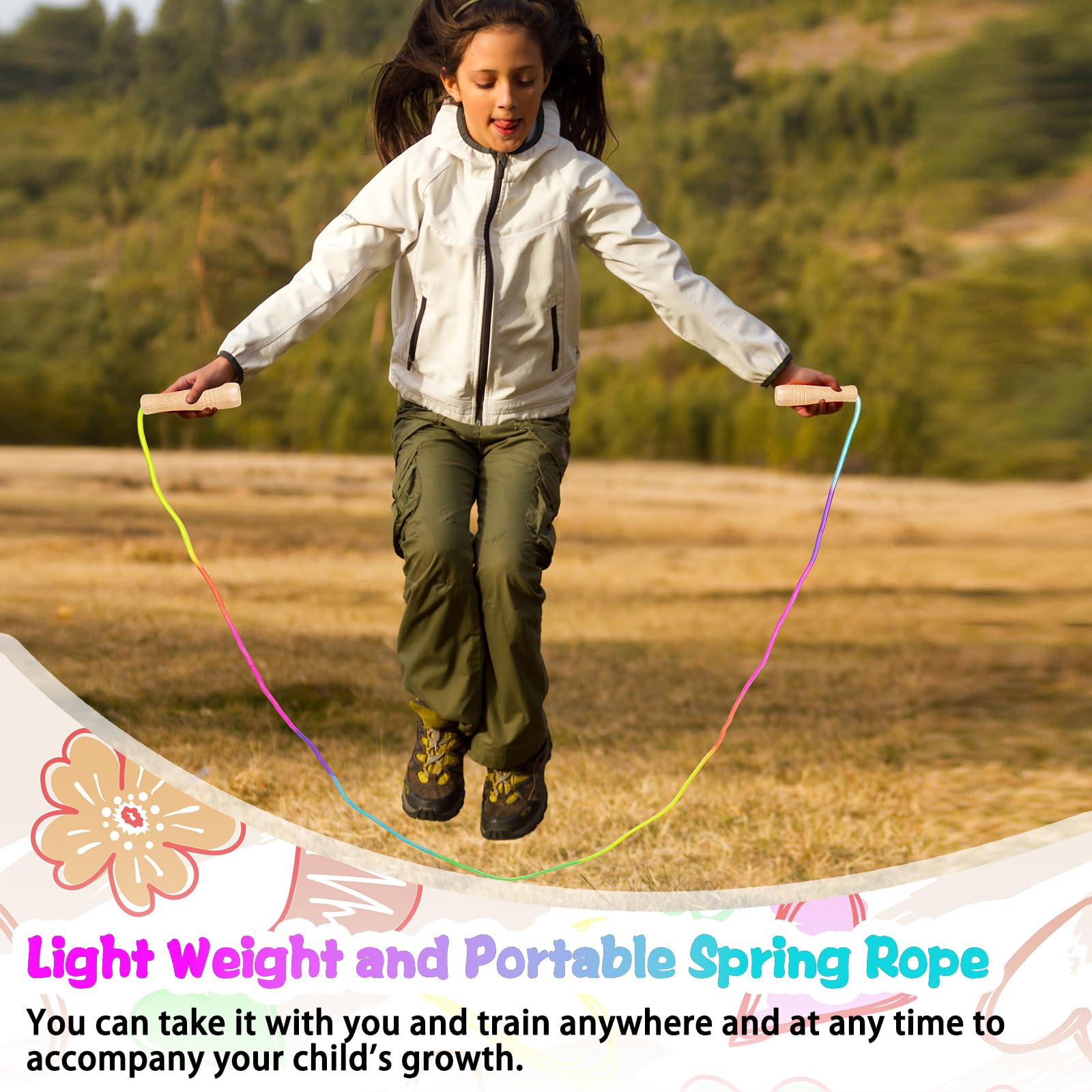 Corda Per Saltare Bambini Arcobaleno | Regolabile Fino A 250 Cm, Manici In Legno, Cotone - Foto 4