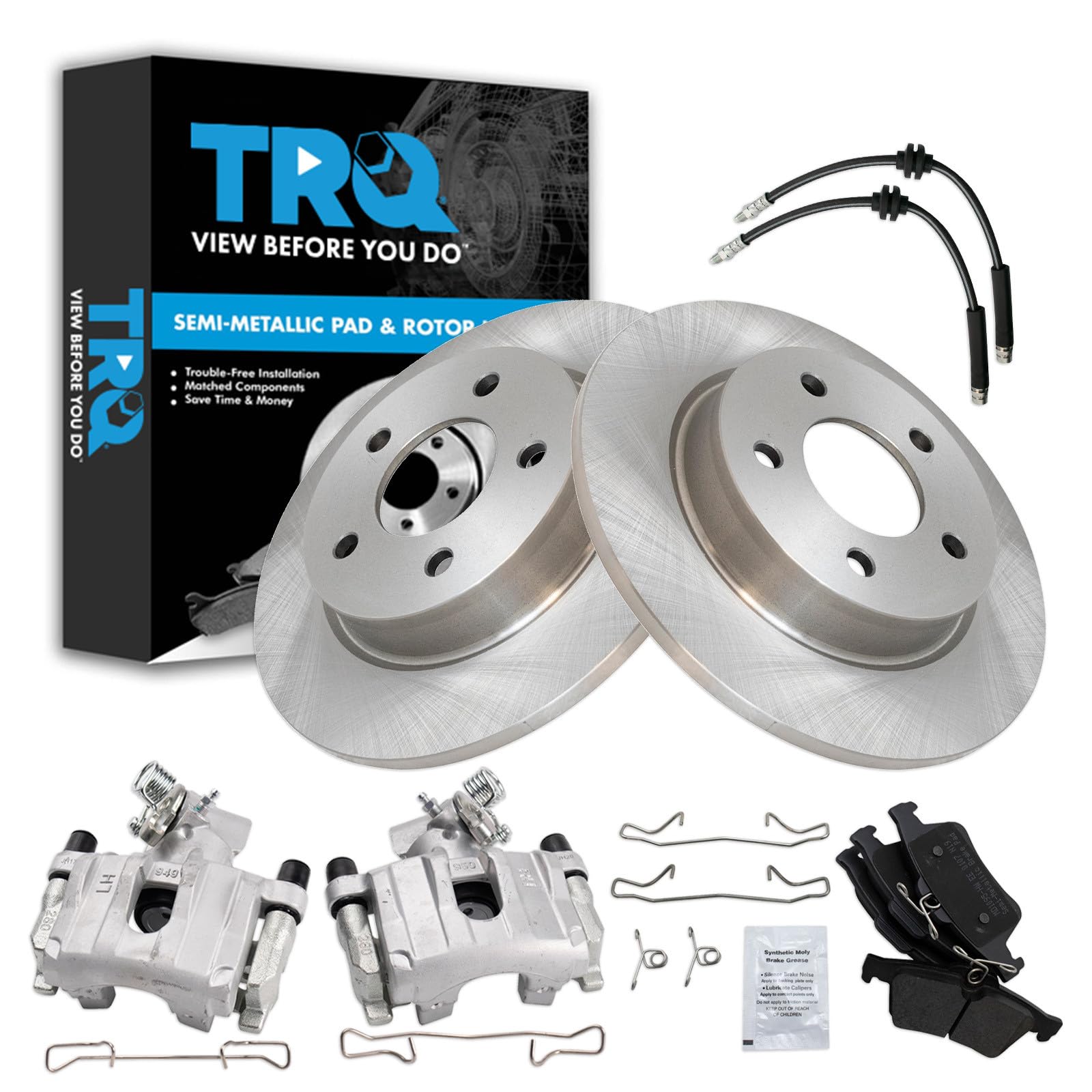 TRQ Rear Brake Pad and Rotor Set Semi Metallic Calipers Compatible with 2009-2013 Mazda 3