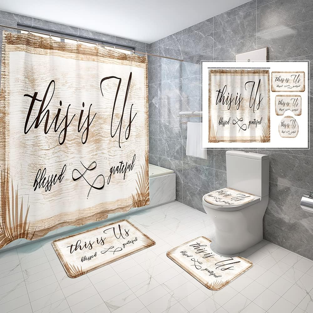 4 Piece Western Shower Curtain Waterproof White and Blue Geometric Line White Bandana Bathroom Sets with Non-Slip Rugs, Toilet Lid Cover and Bath Mat with Standard Size