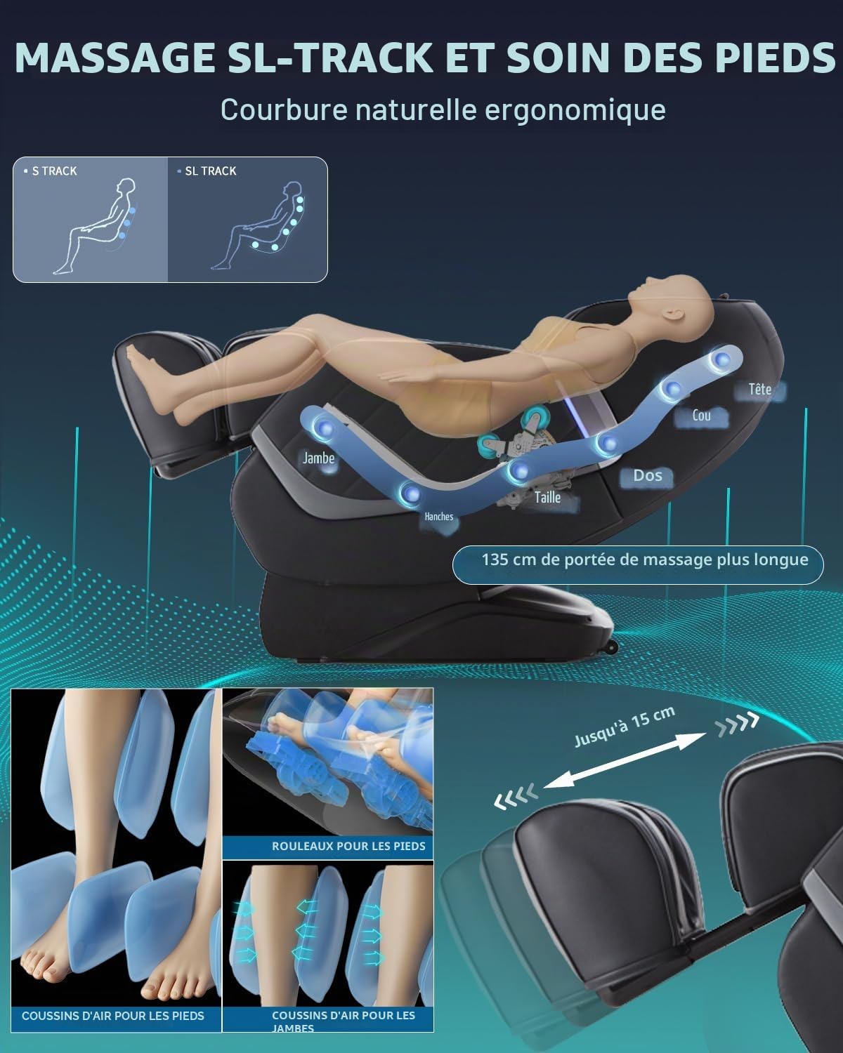 Fauteuil de Massage Complet du Corps avec Zero Gravity 3D Massage Intelligent Body Scan Détection SL Track Massage des Pieds Chauffage Haut-Parleur Bluetooth Noir