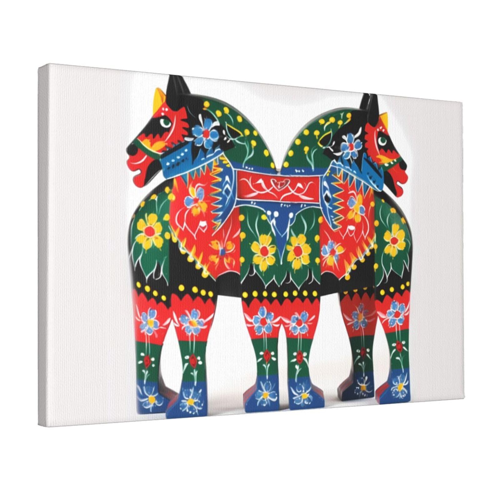 KLOPH Runner Swedish Dala Horse Folk Canvas Wall Art for Living Room 12"x18" Modern Artwork Painting for Bathroom Hanging Canvas Prints Aesthetic Wallart for Bedroom Kitchen Office Wall Decor