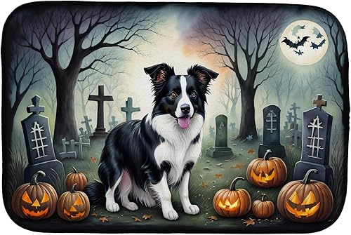 Miniatura 1 de Caroline's Treasures DAC2018DDM Border Collie Spooky - Tapete de secado de platos de Halloween absorbente para encimera de cocina, tapete escurridor