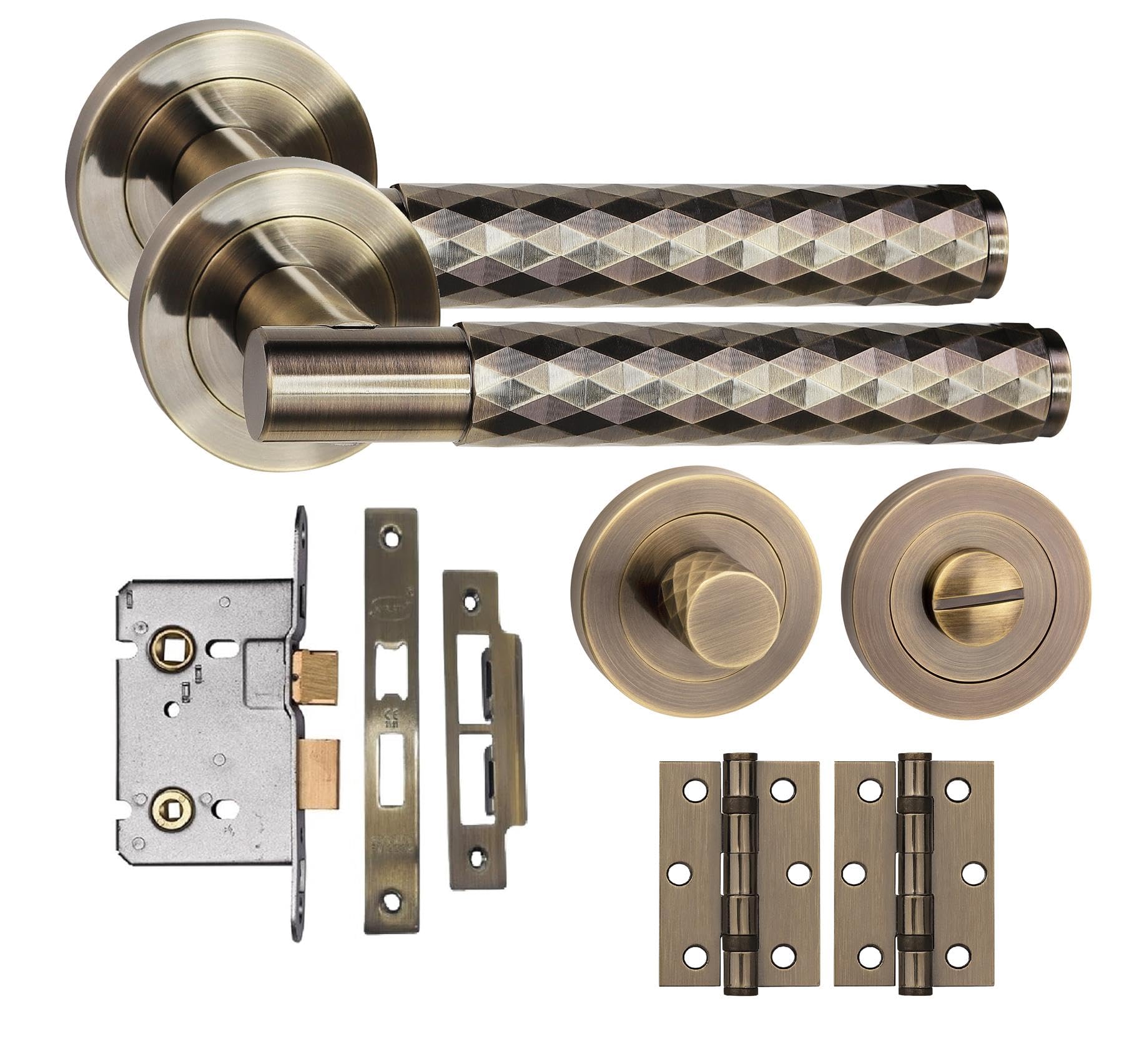 Golden Grace Antique Brass Knurled Diamond Cut T-Bar Bathroom Door Handle Set Thumbturn And Mortise Lock Bb Hinges
