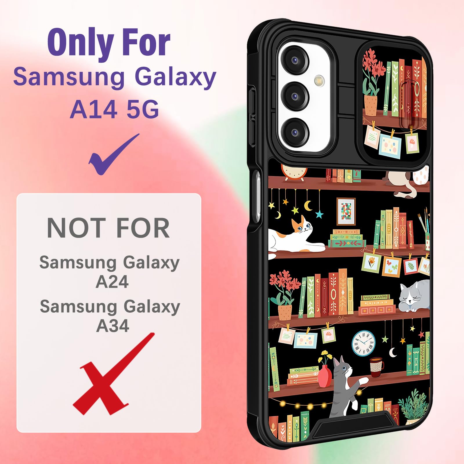 Funermei Custodia per Samsung Galaxy A14 5G - Cover per telefono carina per donne e ragazze, graziosa estetica con gatto, libreria, design unico con custodia per fotocamera e anello di supporto Funda