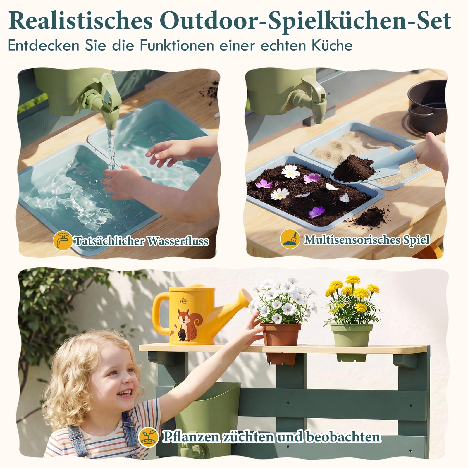 Lehoo Castle Holz Outdoor Matschküche für Kinder, Spielküche mit Echtem Waschbecken Küchenzubehör, Gartenspielzeug zum Kochen, Gießen Sensorisches Spielen, Montessori Lernspielzeug ab 3 Jahre