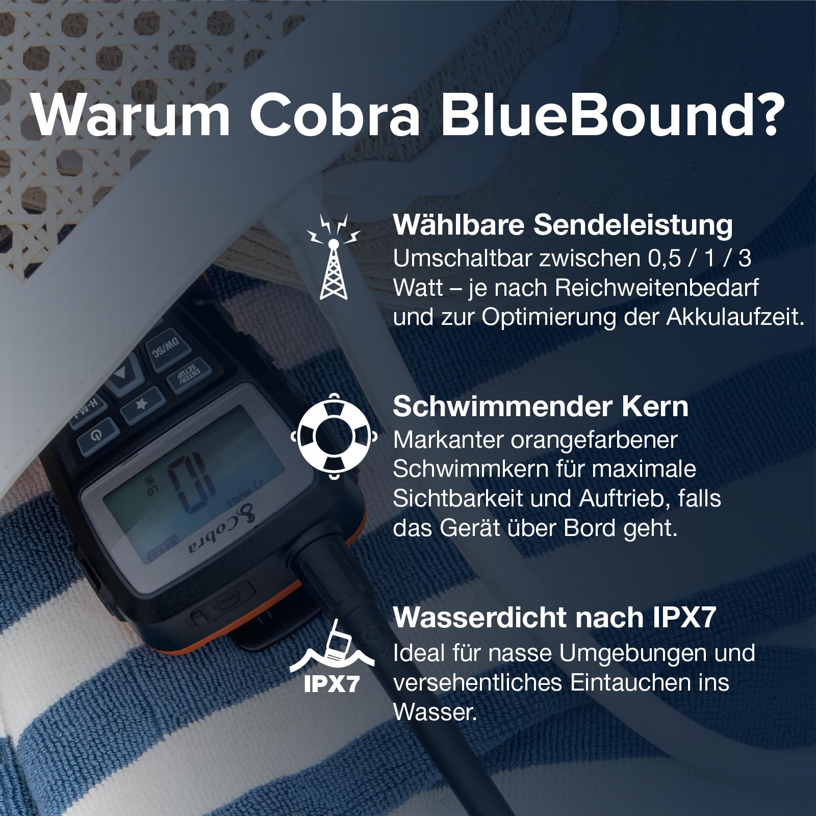 Cobra BlueBound 150 VHF Marine-Handfunkgerät – 3 Watt, schwimmfähig, IPX7, wasserdicht, LCD-Display, Gürtelclip, schwarz, 1 Stück