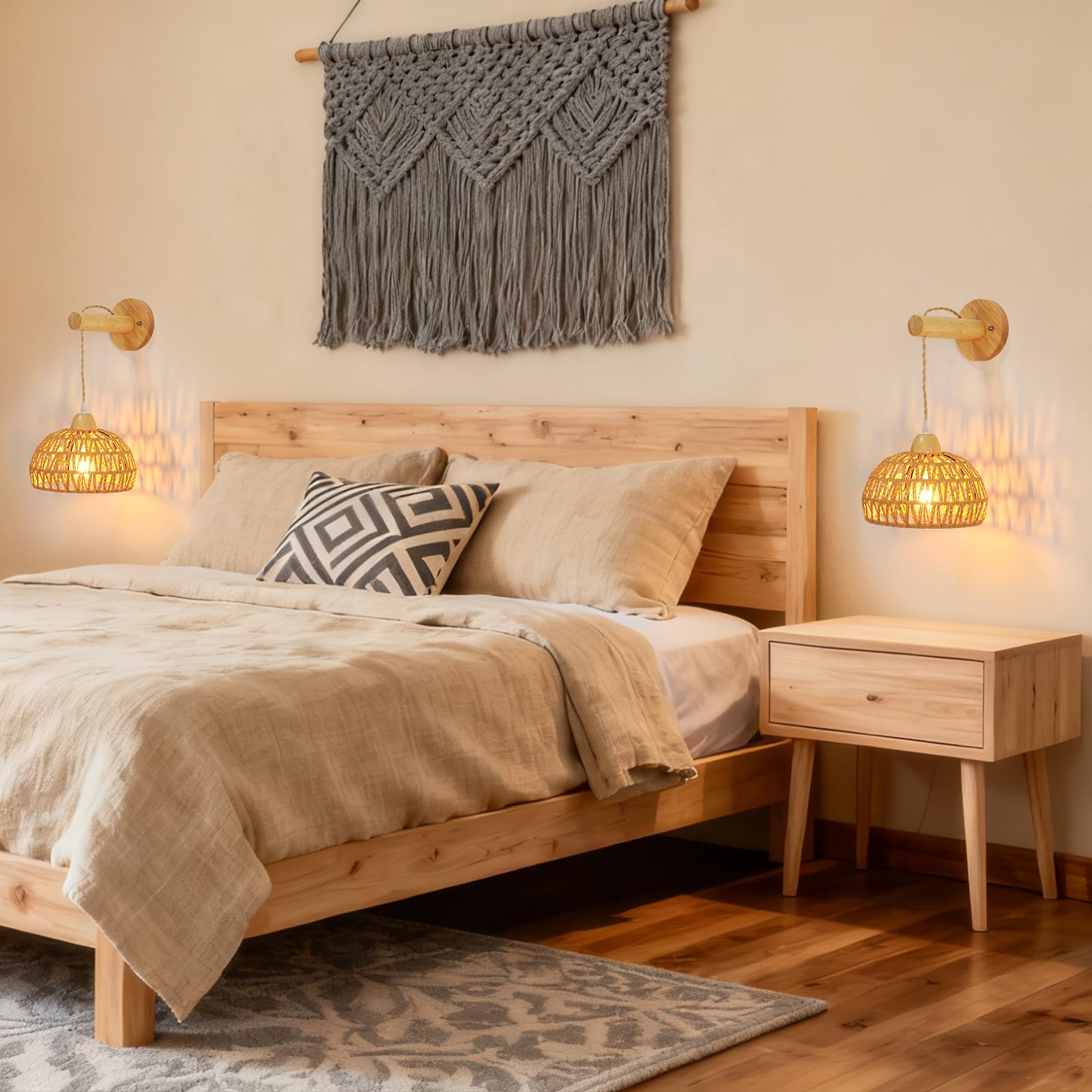Applique Murale Bois Intérieur Vintage, E27 Lampes Murale Boho avec Abat-jour en Rotin, Bois Cage Applique Rotin Luminaire Murale E27 pour Salon Chambre Couloir Salle à Manger (Sans Ampoule)