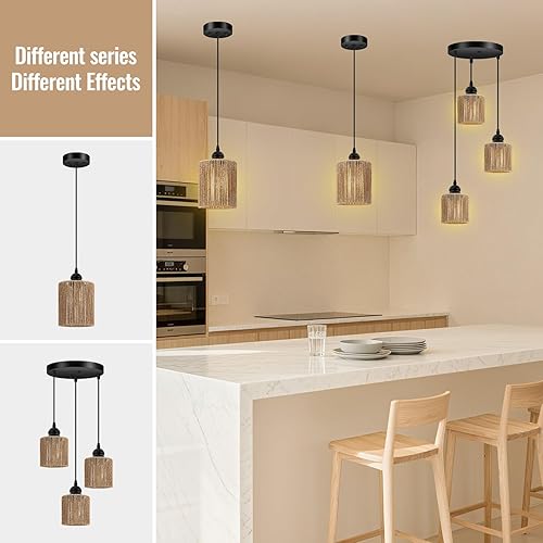 Miniatura 9 de BoostArea Paquete de 2 luces colgantes de ratán para isla de cocina, lámpara de granja con pantalla de mimbre tejida a mano, luz colgante bohemia de